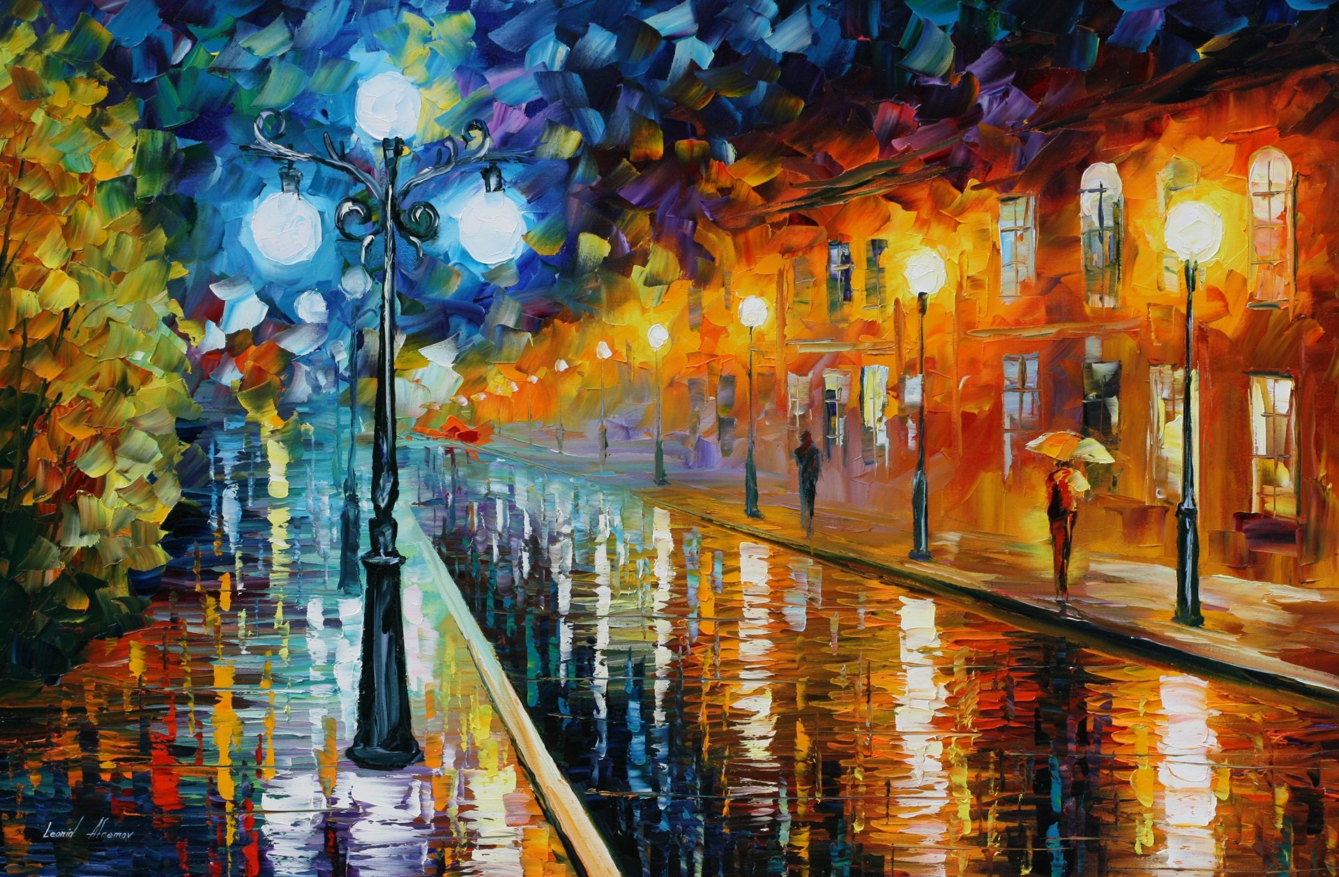 leonid afremov laterne regnerisch wetter häuser straße menschen regenschirm