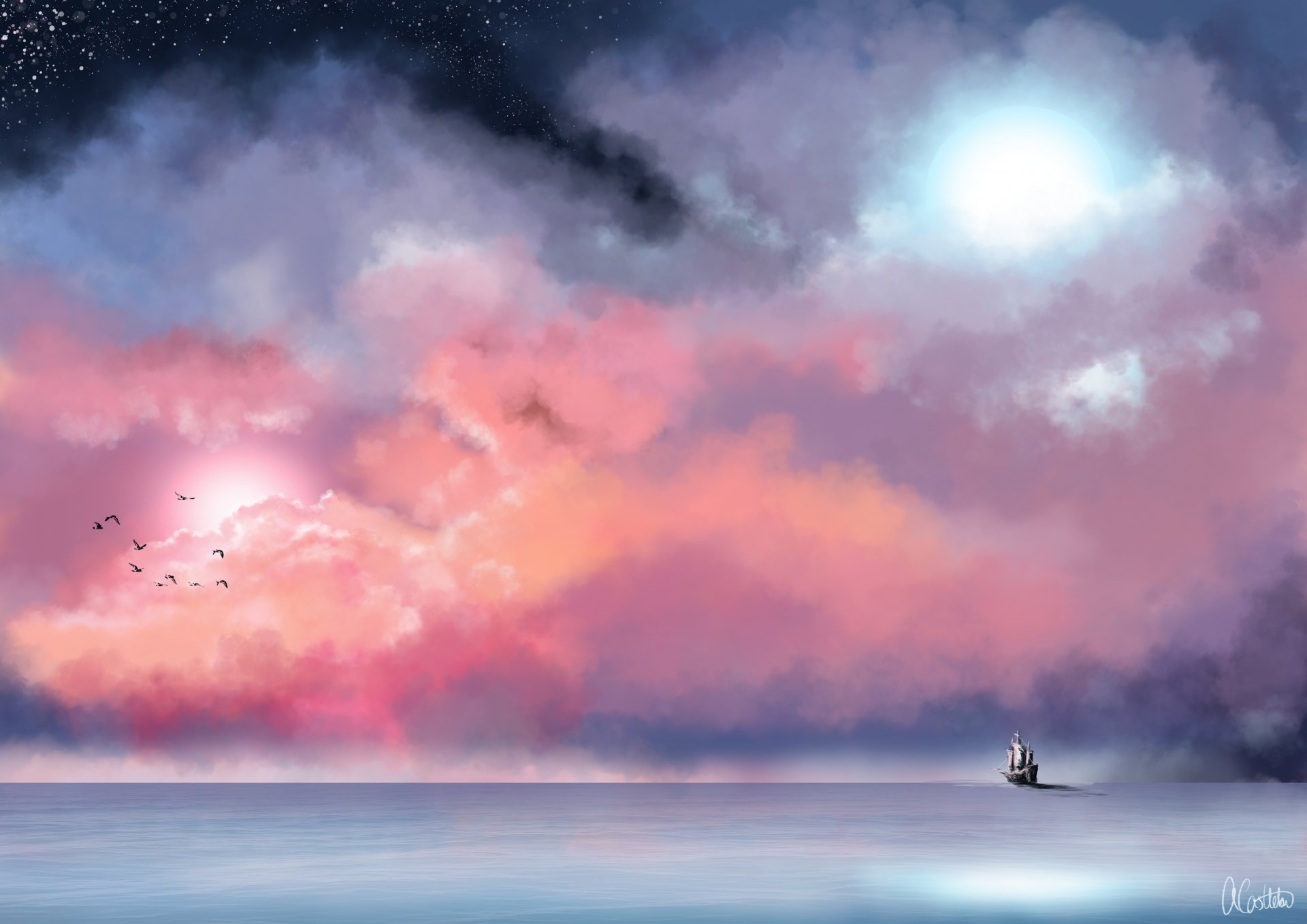 painting sea ship fog sky clouds star bird