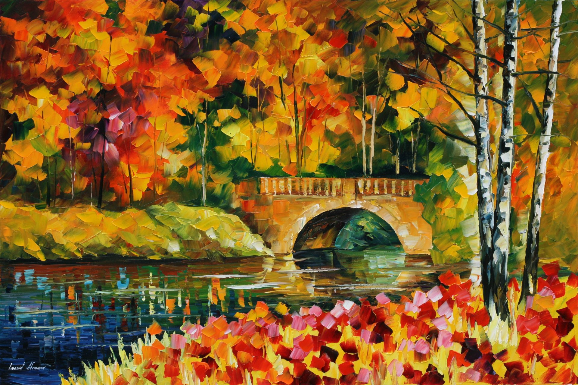 leonid afremov peinture rivière eau pont arbres feuilles automne