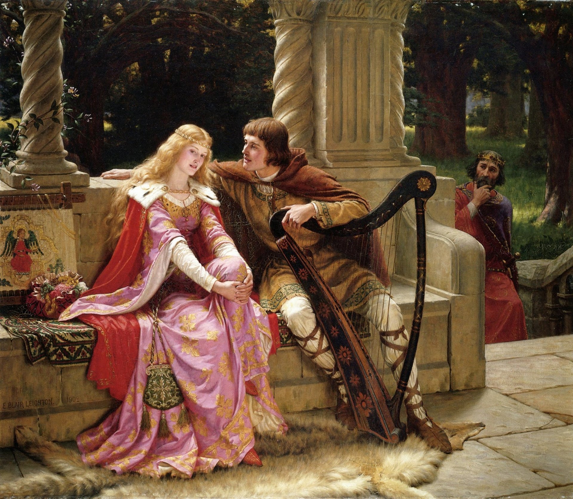 edmund blair leighton english painter romanticism pre-raphaelite middle ages the end of the song tristan and isolde picture love castle maiden queen troubadour knight prince king mark by edmund blair leighton med