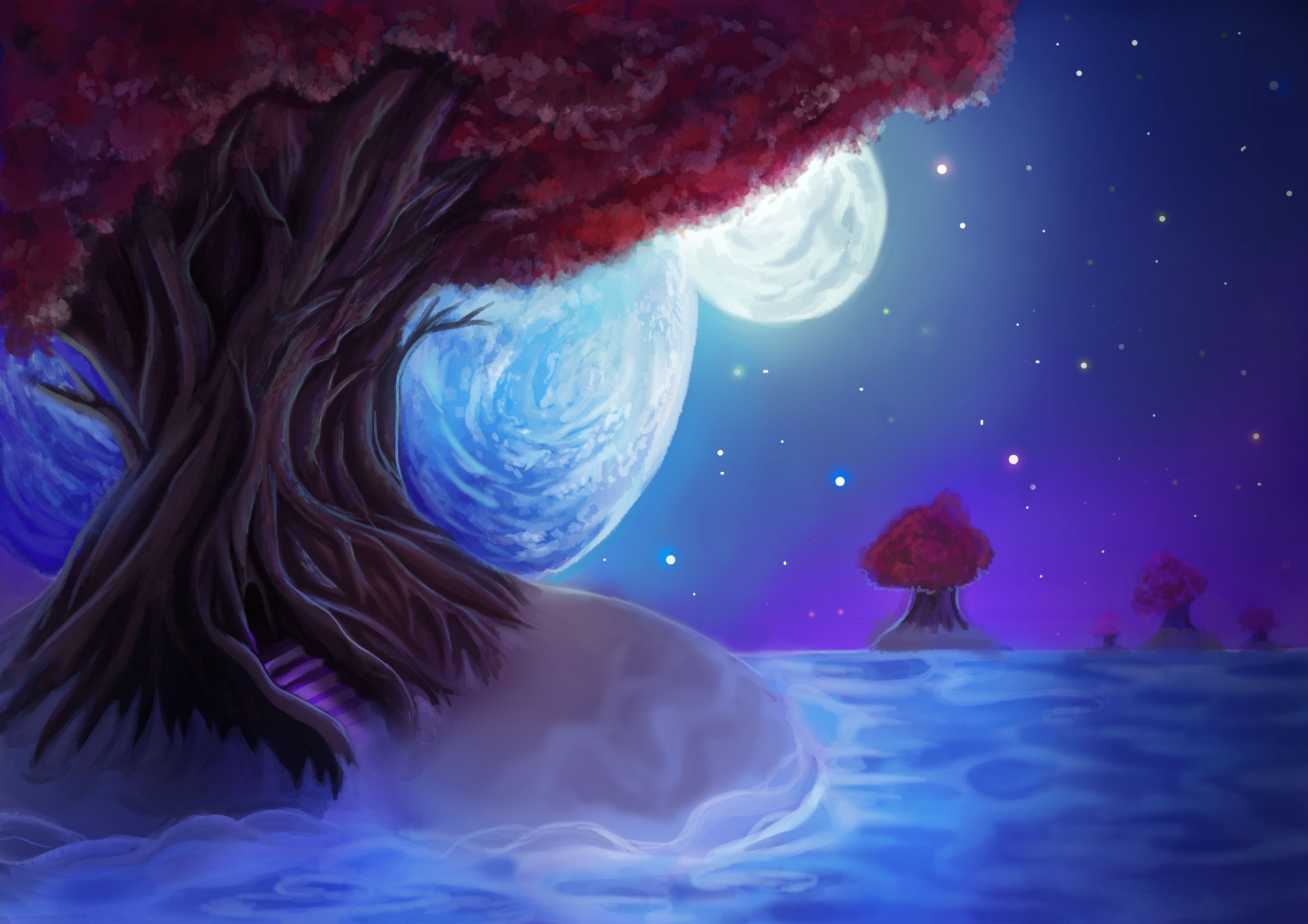 painting landscape tree leaves sky night star moon planet