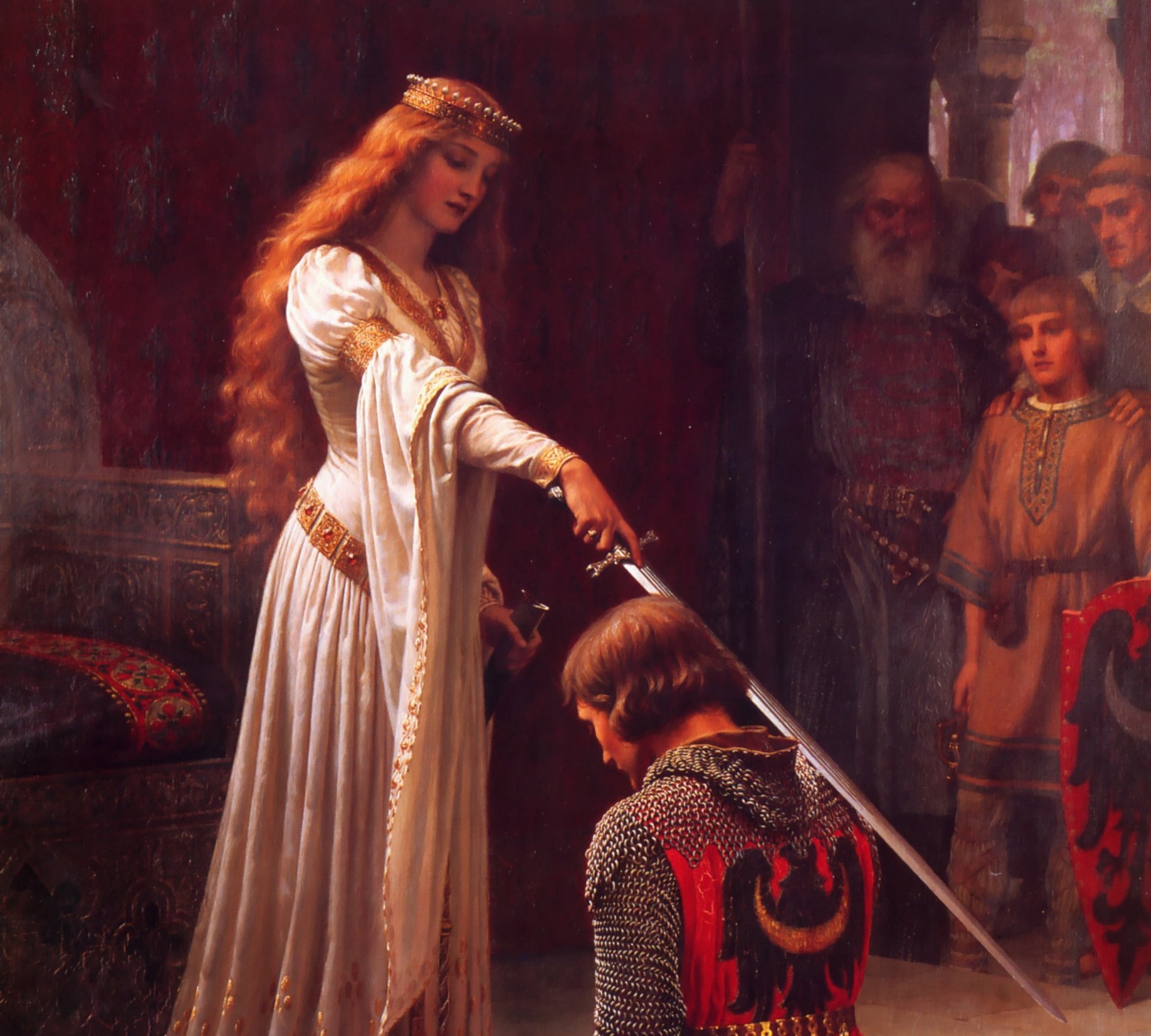 edmund blair leighton english artist romanticism pre-raphaelite middle ages accolade image castle ritual queen guinevere lancelot lake knight armor sword pre-raphaelite accolade painting