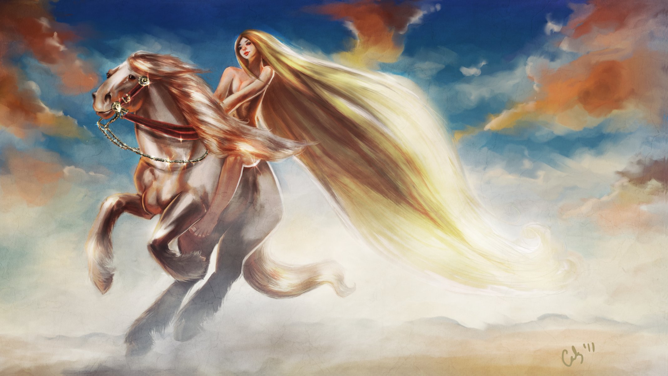 lady godiva arte ragazza capelli lunghi cavalca cavallo criniera animale cielo nuvole