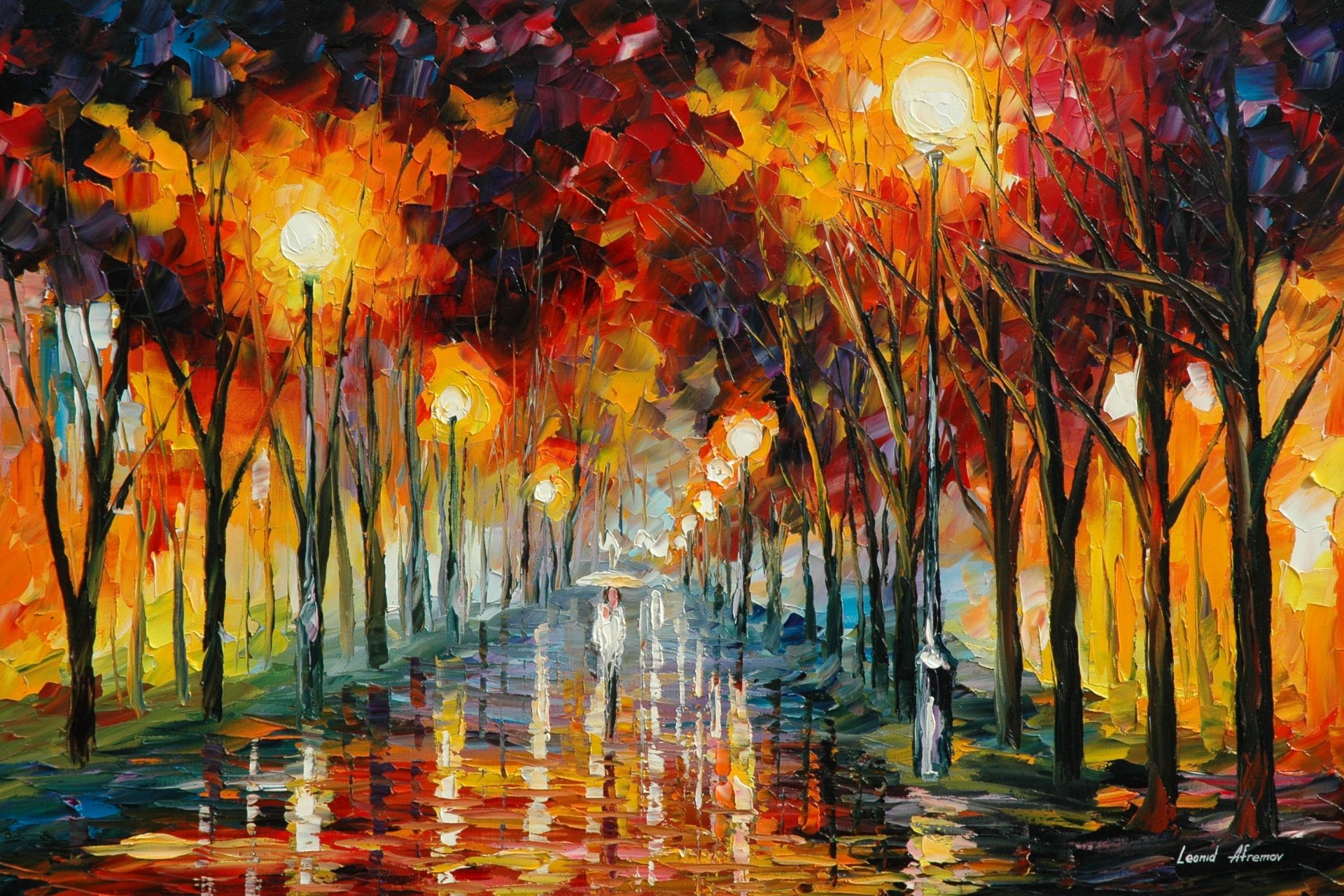 leonid afremov pittura strada riflessione lanterne pioggia uomo ombrello