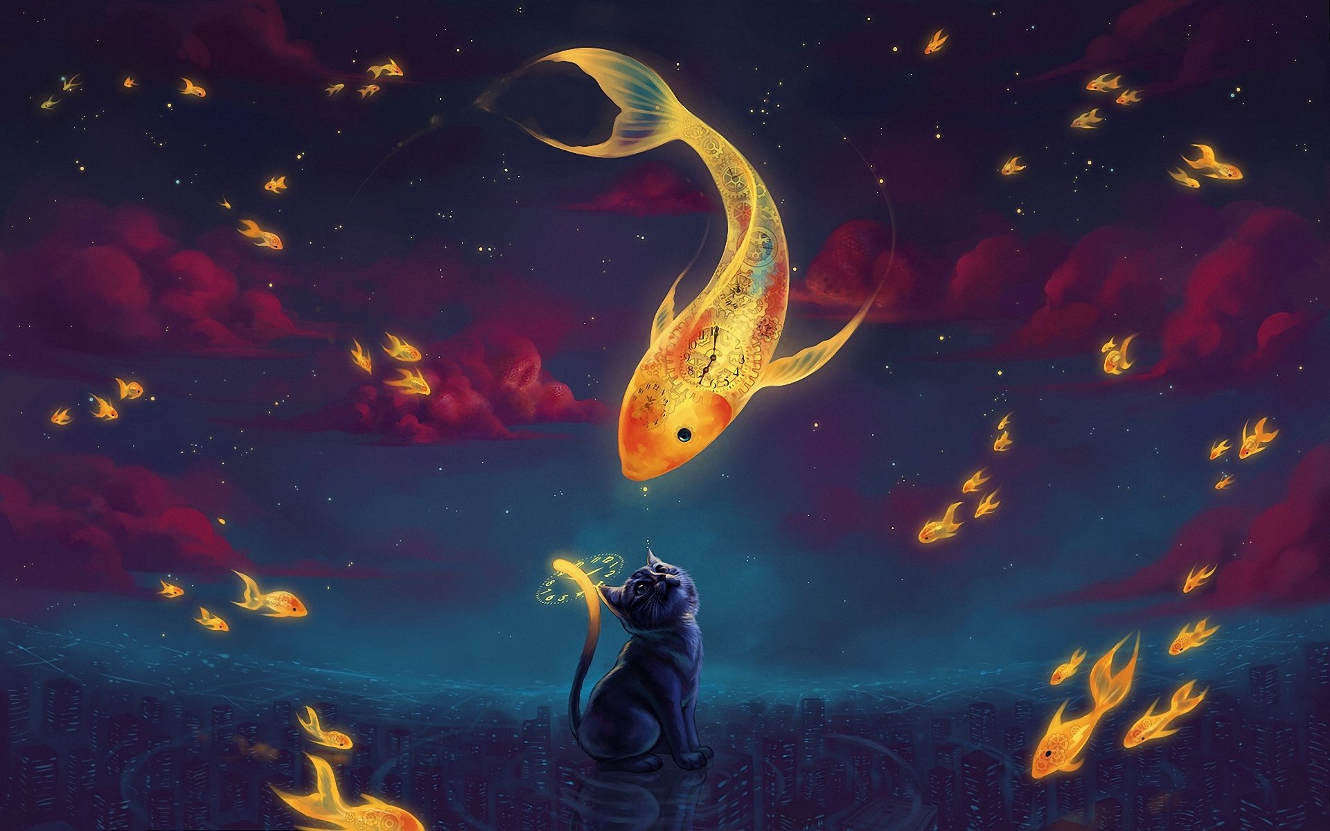 art fantasy fish watches face town night clouds goldfish