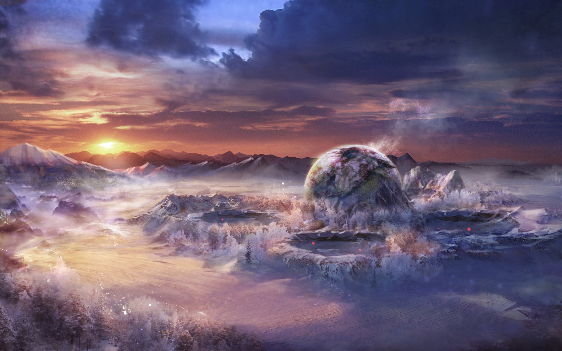 art landscape fantasy world mountain snow sunset craters planet ball