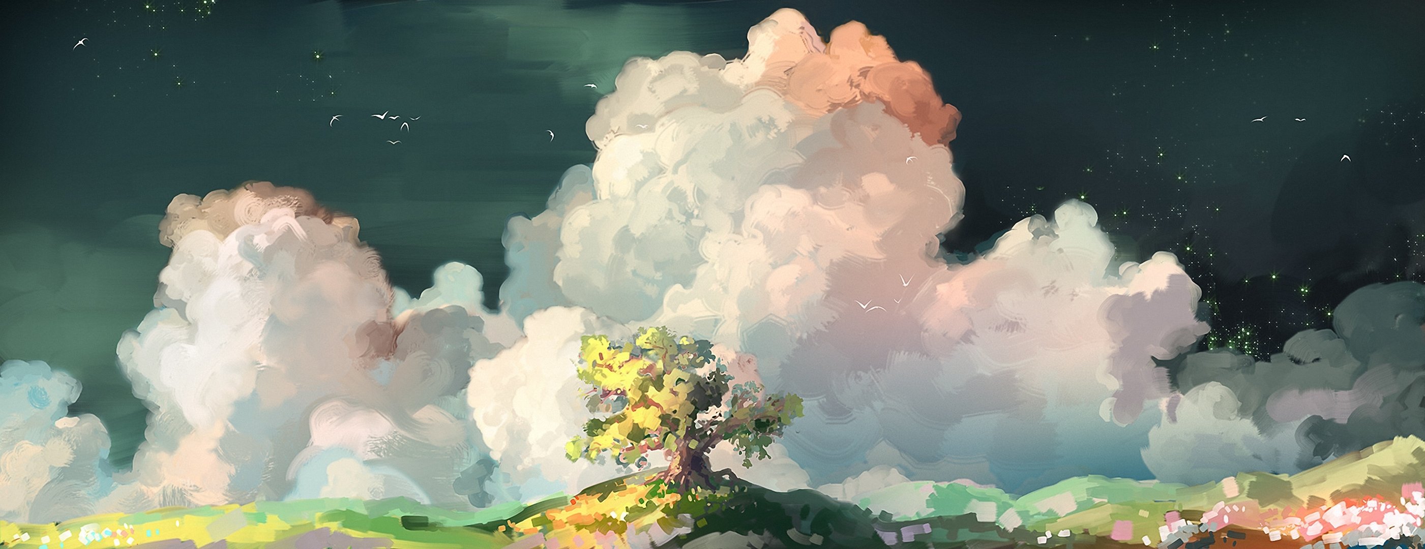 arte paisaje pintado árbol nubes pájaros