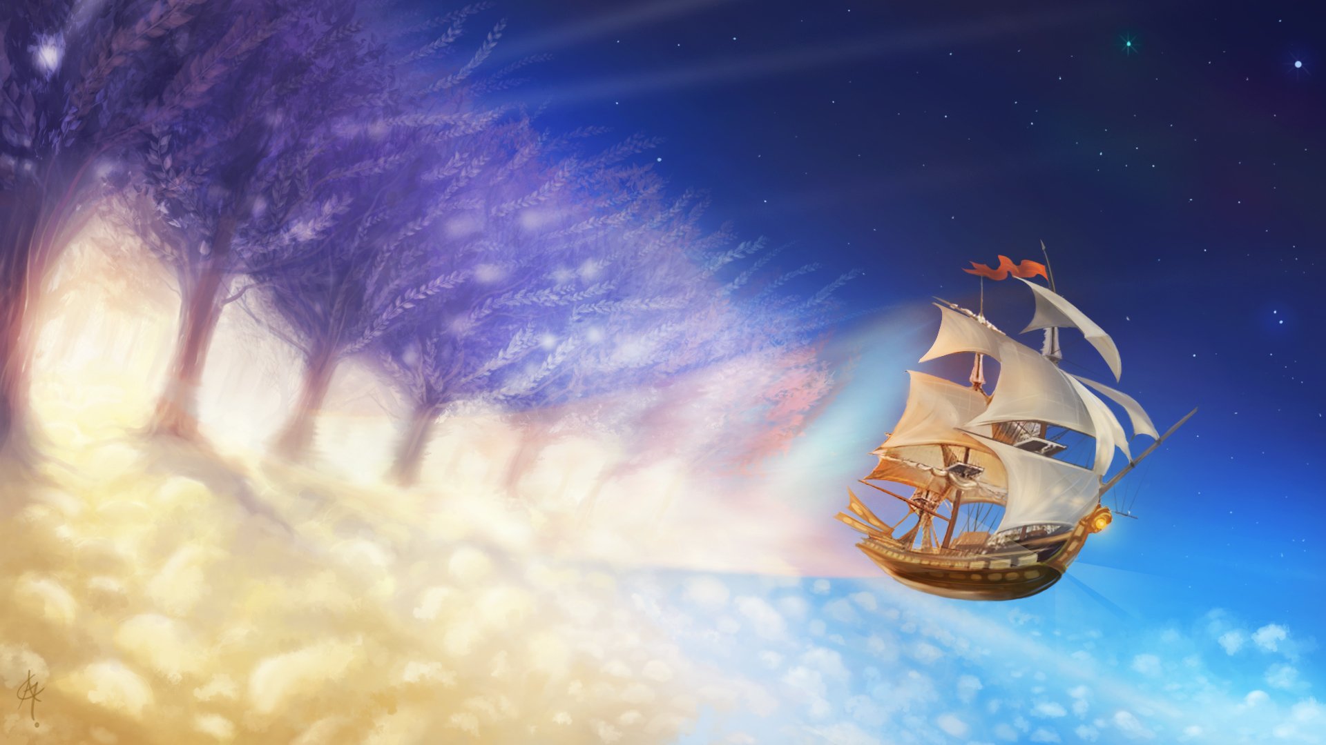 picture ship sailboats flight tree light cloud