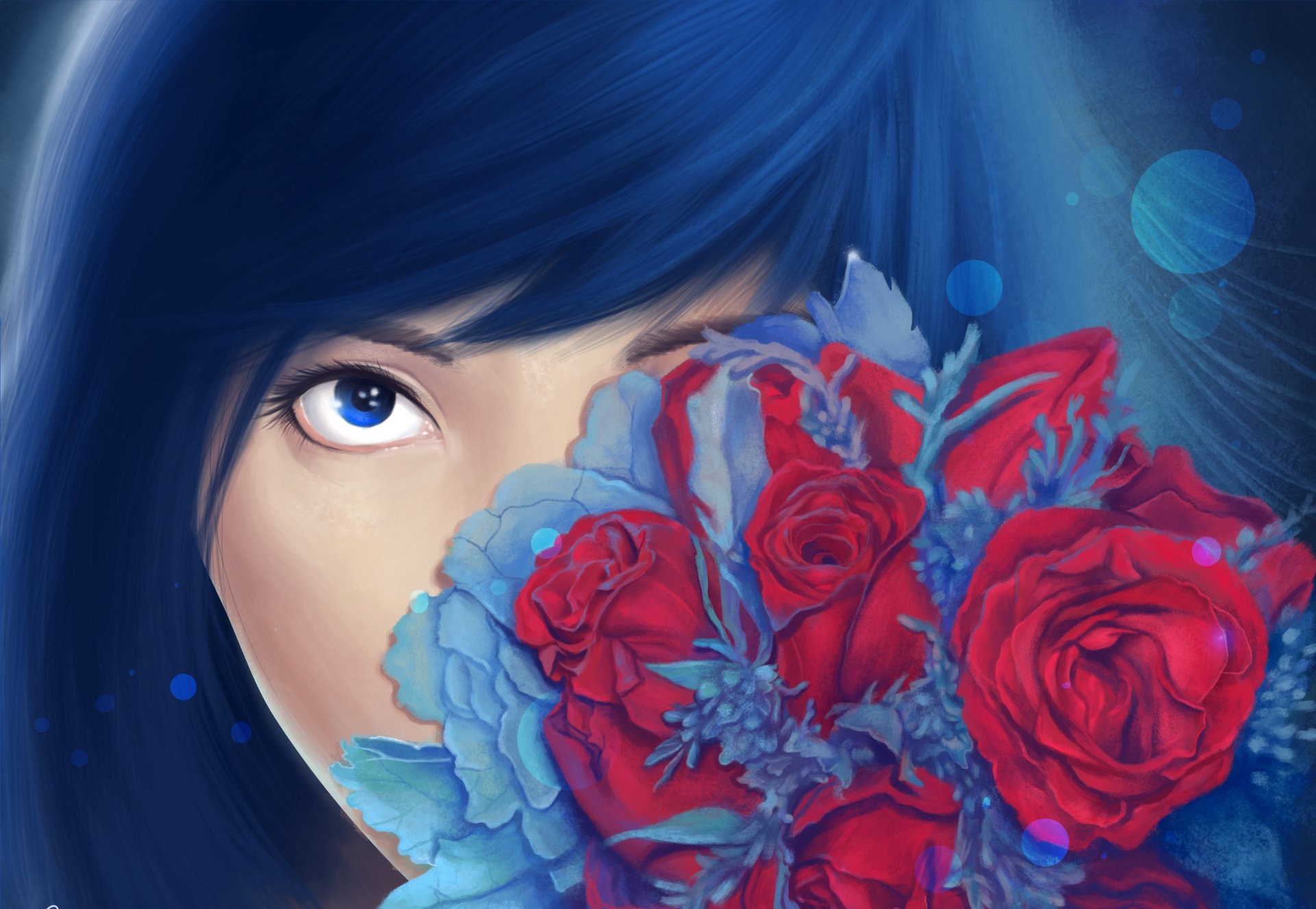 painting art girl . blue hair face view flower bouquet rose