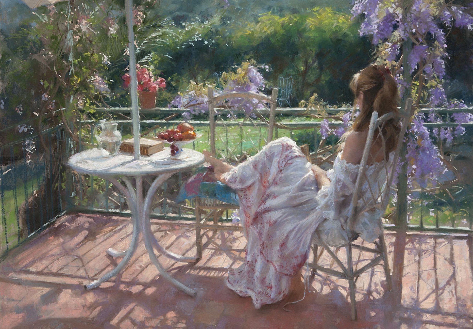 pintura vicente romero redondo chica vacaciones jardín porche flores fruta libro soleado