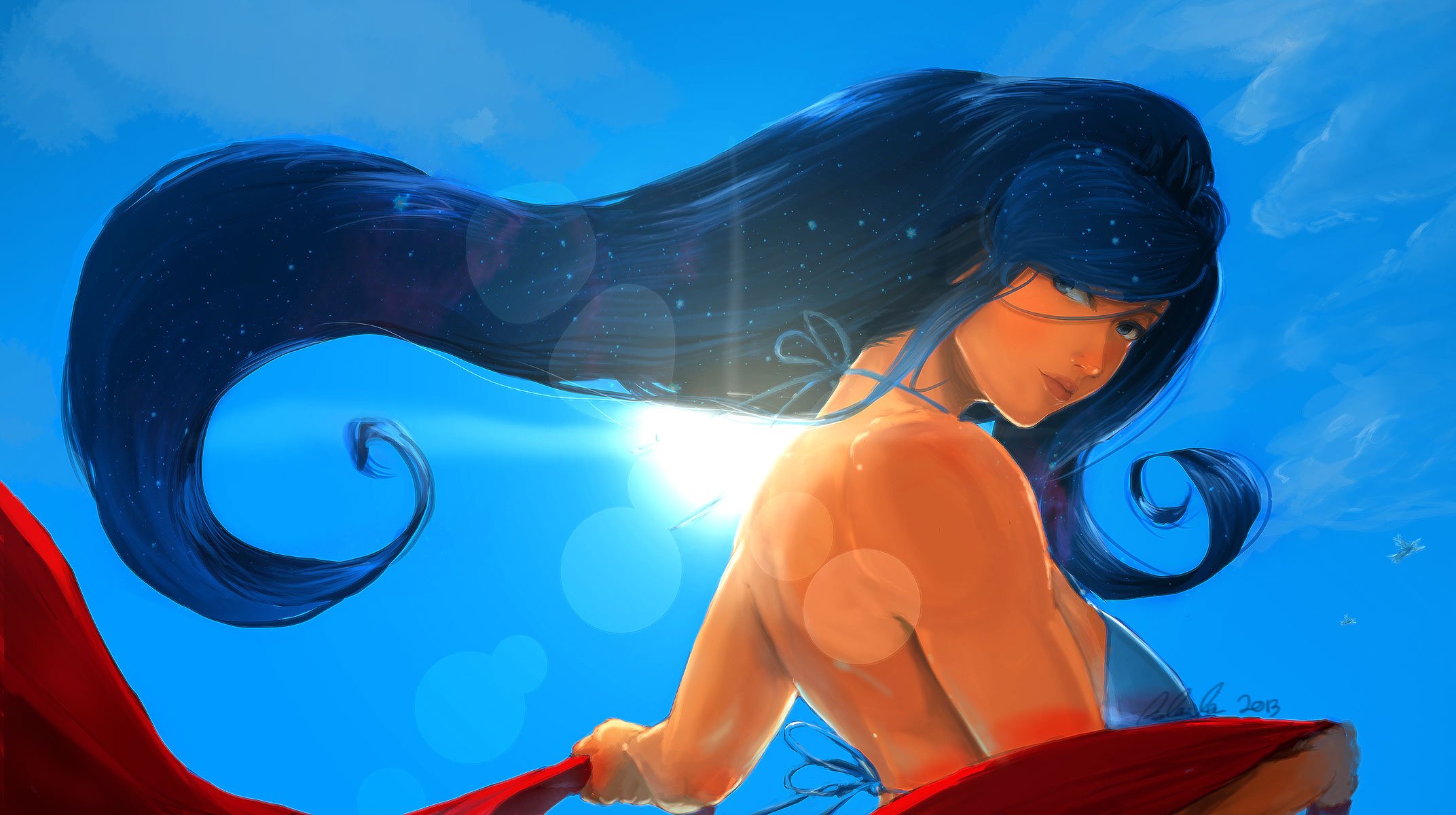 art girl view section eyes blue hair swimsuit spin sky ray