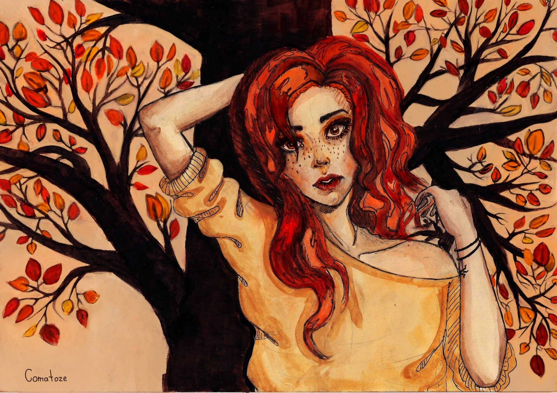 painting girl face view freckles hair red hands jacket tree leaves autumn