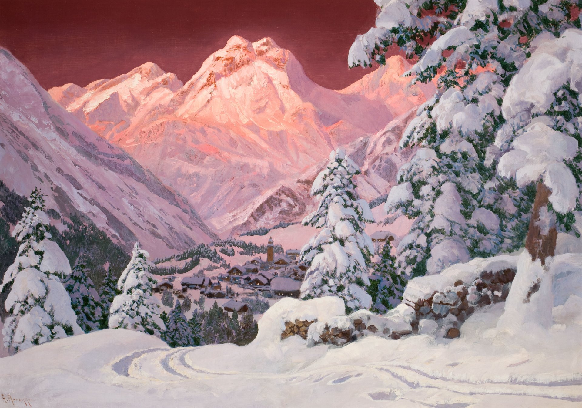 alois arnegger. winter alps snow sunset pink mountain christmas tree house