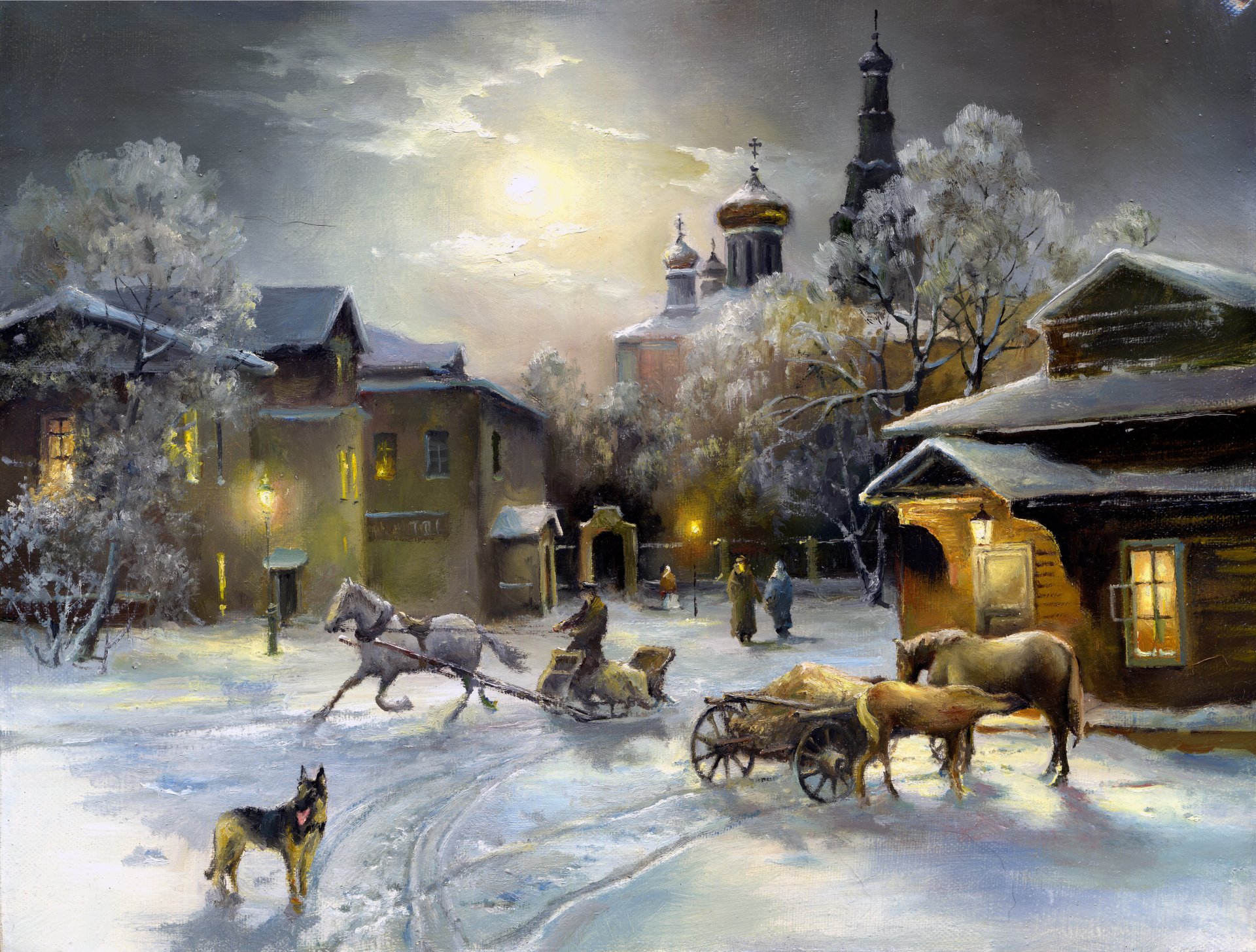 painting snow winter. house window light horse dog shepherd church sky