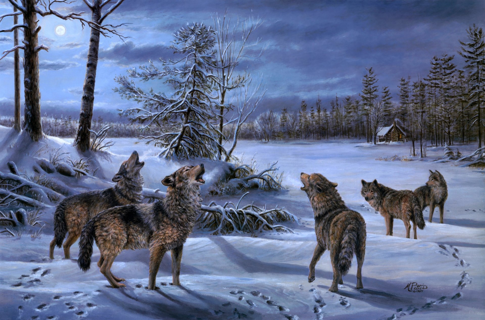 mary pettis moonlight chorus painting wolf wolves article night moon winter forest chalet hut