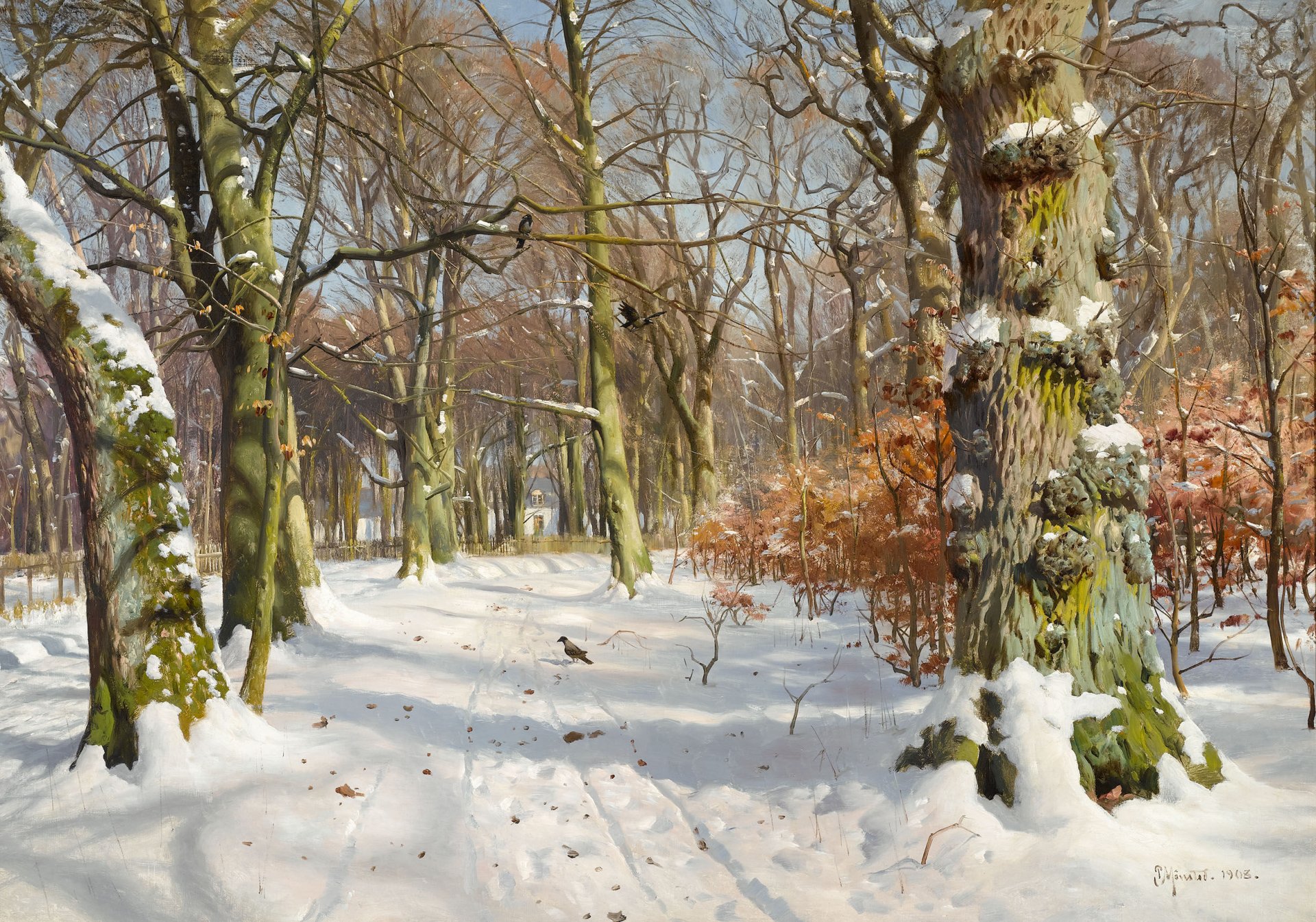 pittura paesaggio peder mork monsted inverno parco boschetto alberi corteccia muschio neve impronte corvi uccelli luce