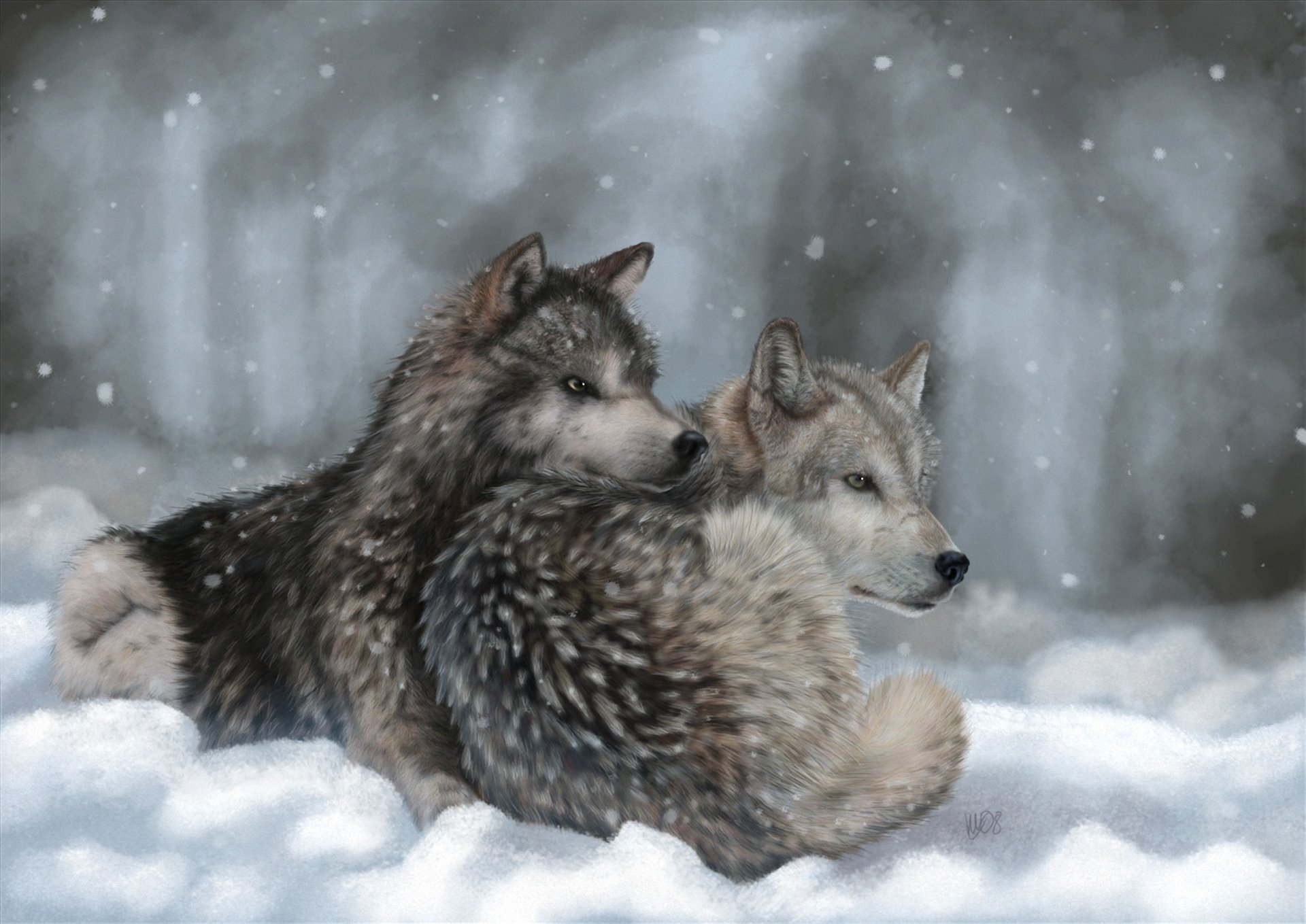 arte lobos nieve invierno