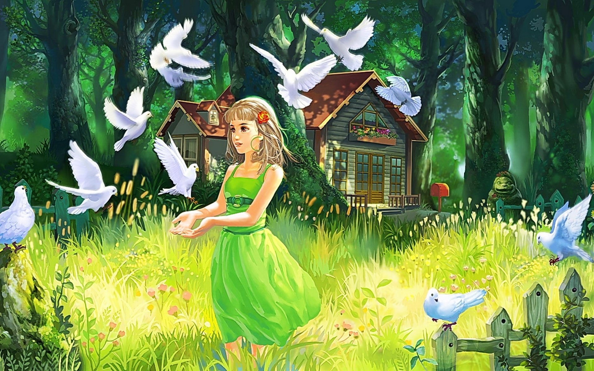 peinture art fille vue yeux cheveux robe verte pigeons blancs été maison clôture herbe arbres forêt nature