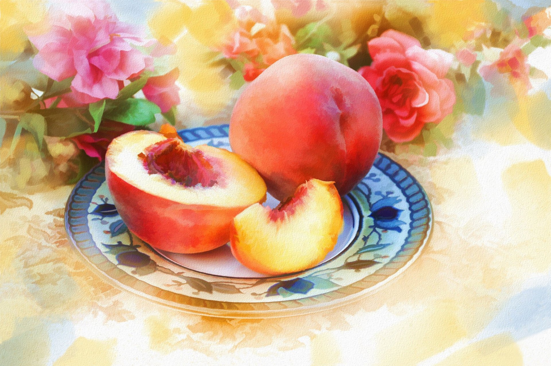 art painting pattern flower peaches to plate