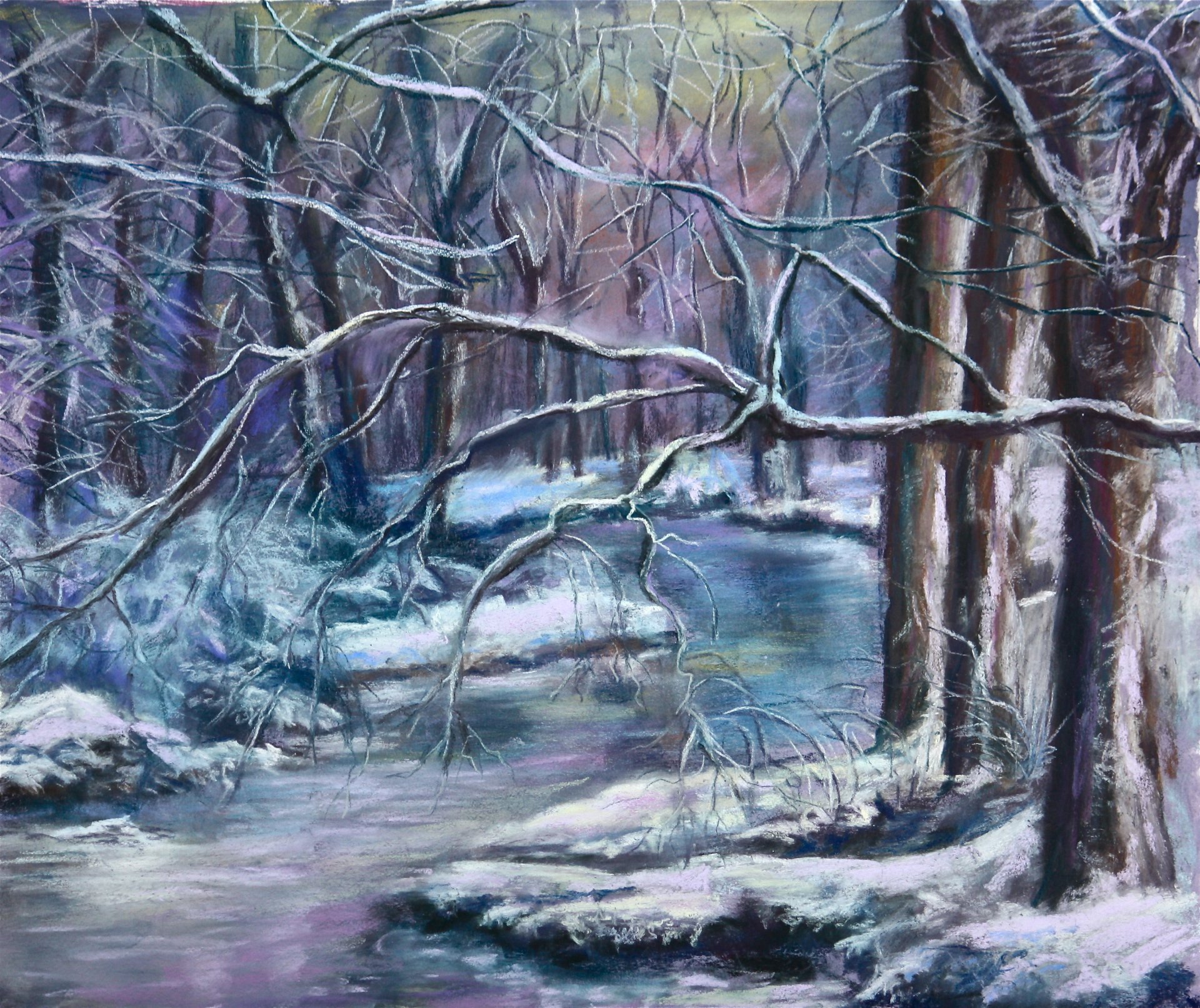 pittura paesaggio inverno neve alberi rami fiume gelo