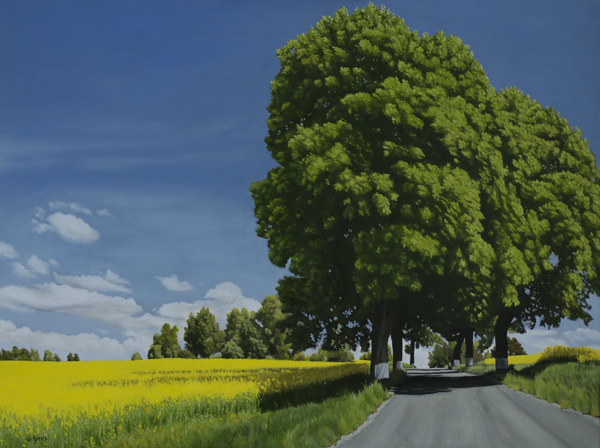 painting nature landscape road summer grass green tree sky cloud