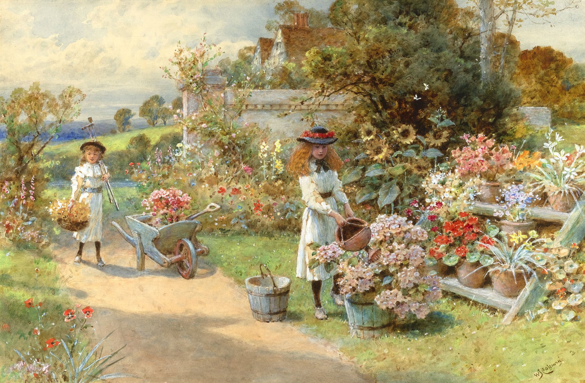 bild william stephen coleman sommer kinder mädchen hüte blumen sonnenblumen garten bäume haus körbe schubkarre zaun bach gehweg stimmung