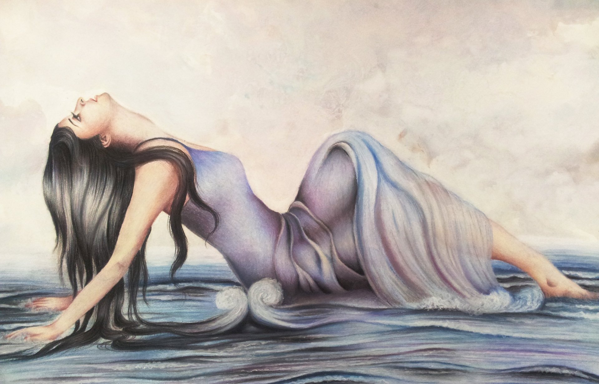 painting girl pose dress face section long hair hands waves sea