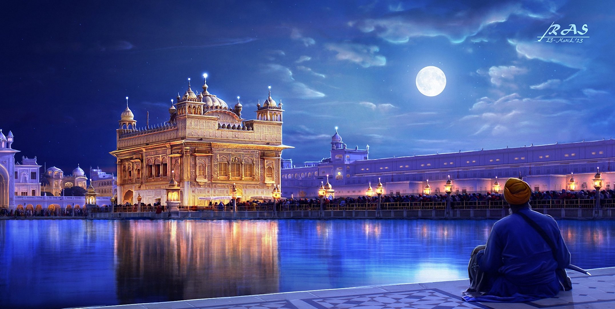 arte templo dorado punjab india ciudad río noche luces hombre gente luna