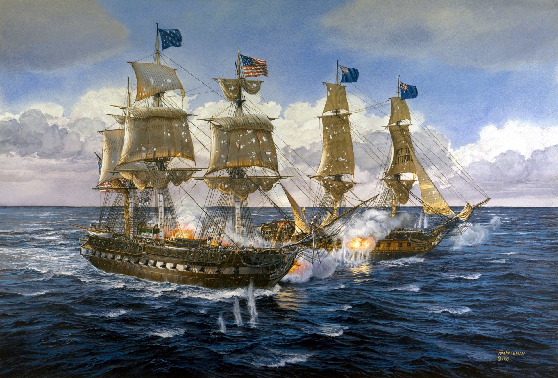 arte marina pintura lady luck era americana barcos marina batalla voleas armas de fuego explosiones ráfagas agua artista tom freeman