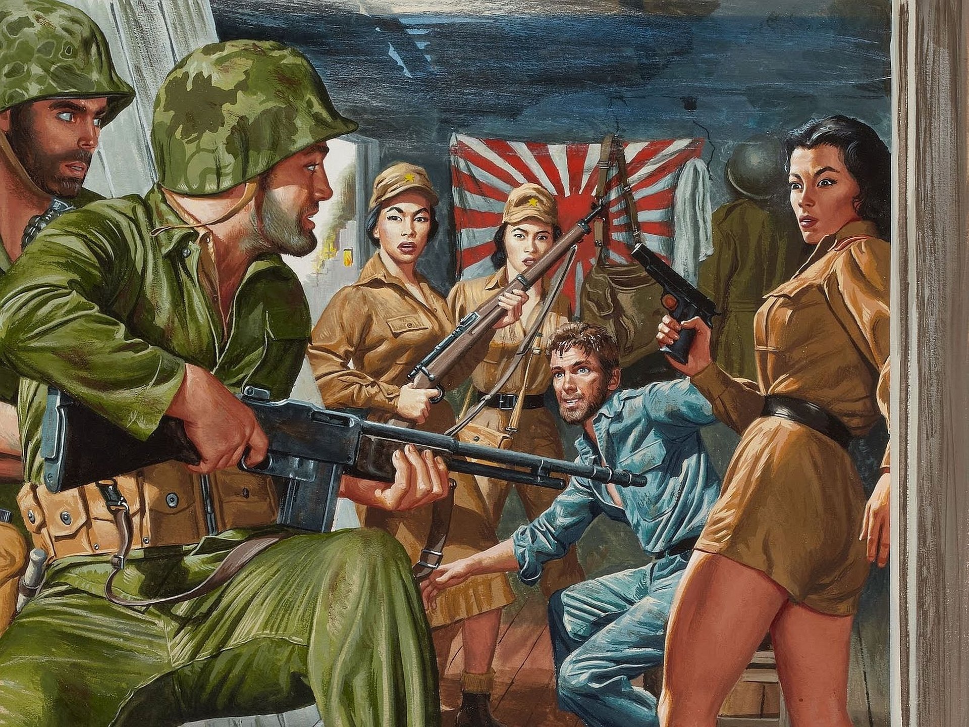 kunst mädchen japanische soldaten flagge gefangener amerikanische soldaten waffen befreiung zeichnung