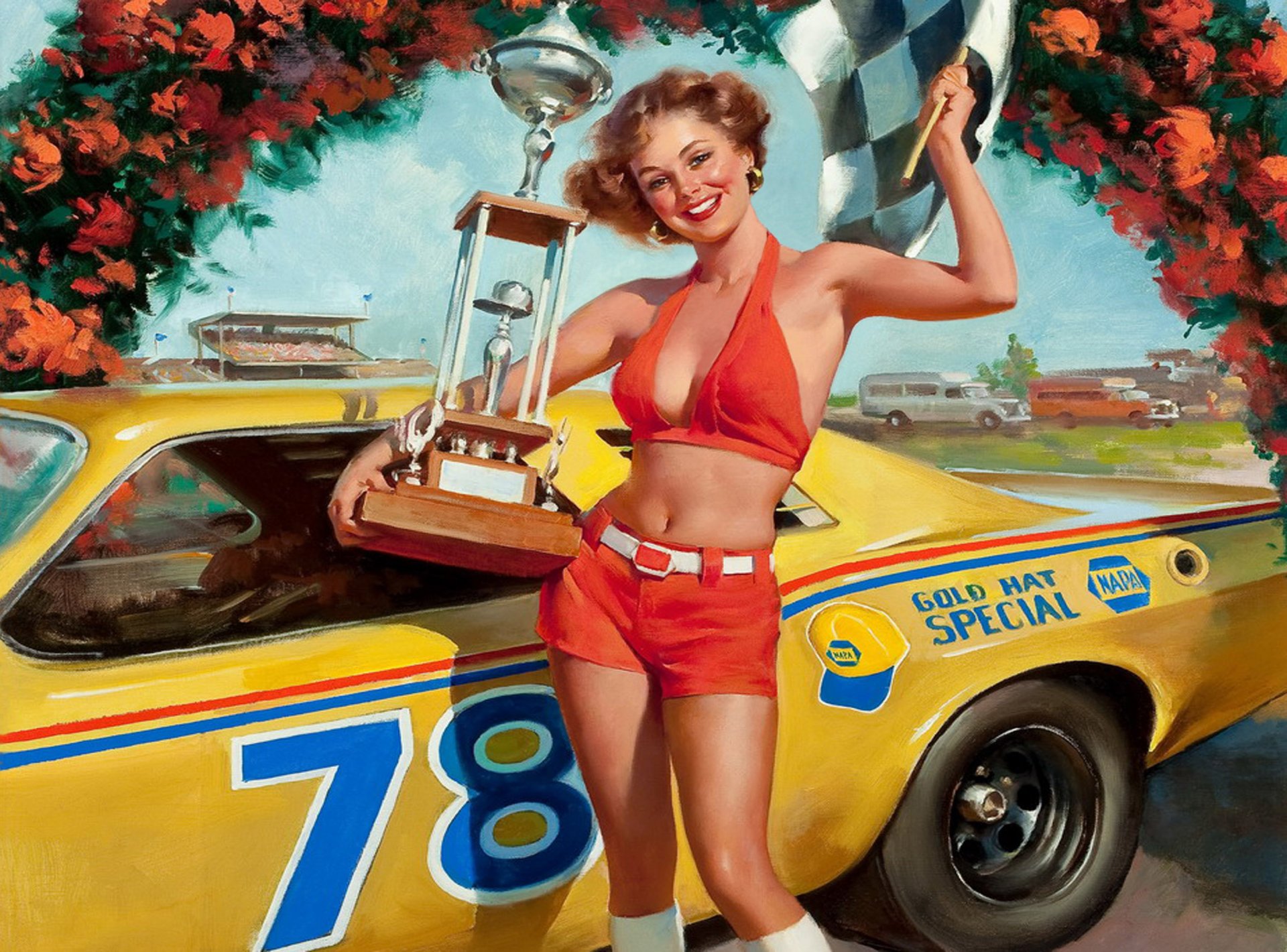 arte pintura estilo pin-up chica corredor hermosa sonrisa coche copa premio bandera alegría elvgren