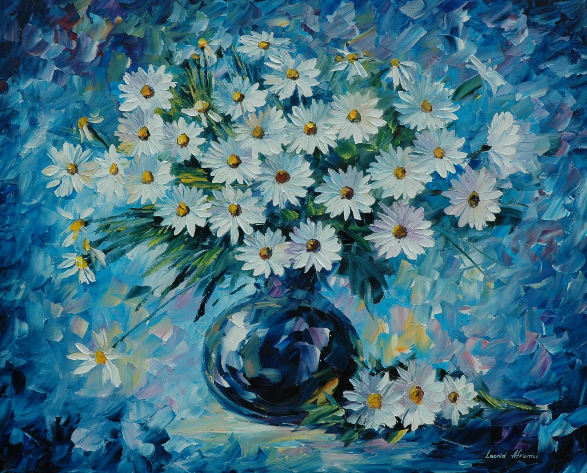 pittura fiori bouquet margherite vaso leonid afremov