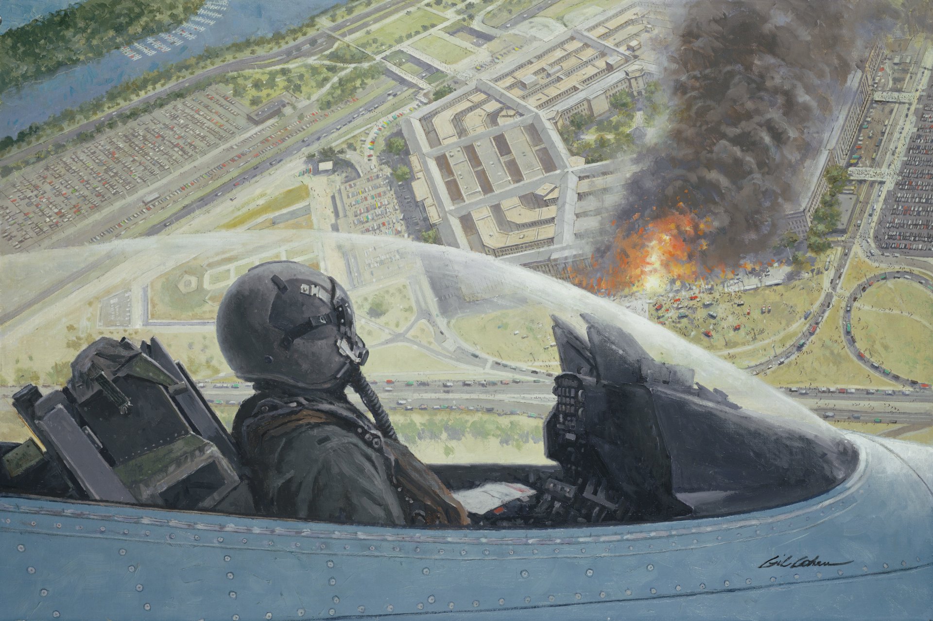 art virginia washington pentagon 11. september 2001 flamme feuer rauch f-16 flugzeug kabine zeichnung