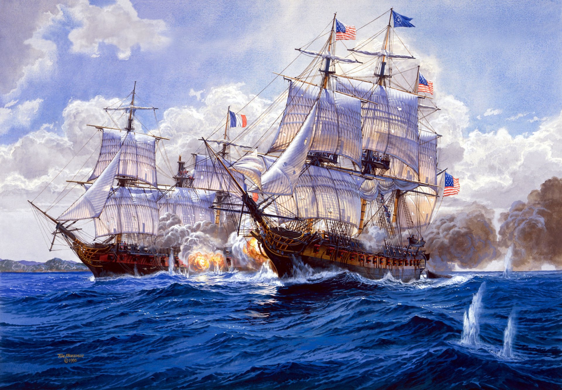 art fleet painting diplomacy on the high seas ships sea battle volleys guns explosions splashes on water artist tom freeman