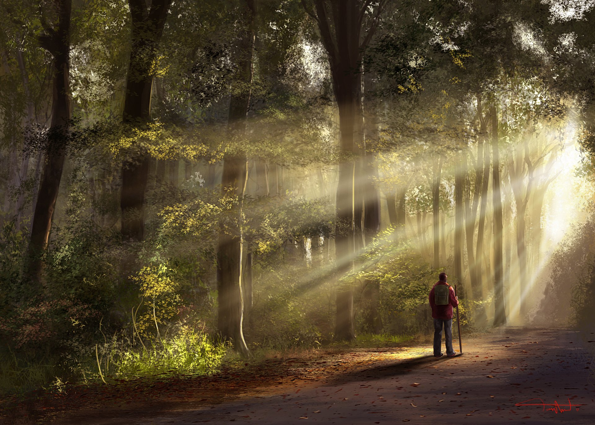 arte uomo viaggiatore strada foresta