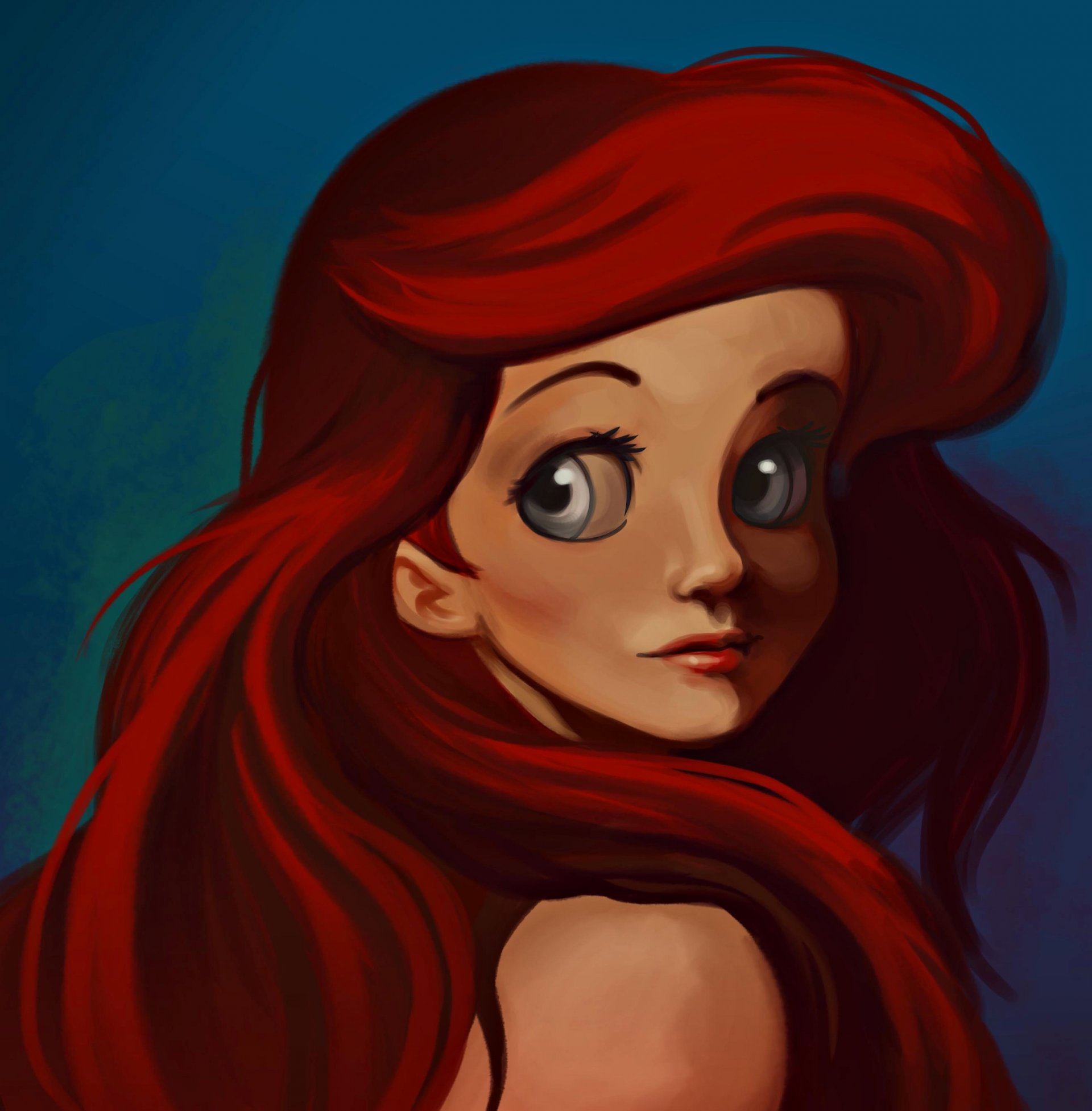 sirena ariel pelo pelirroja ojos grande dibujo pintura