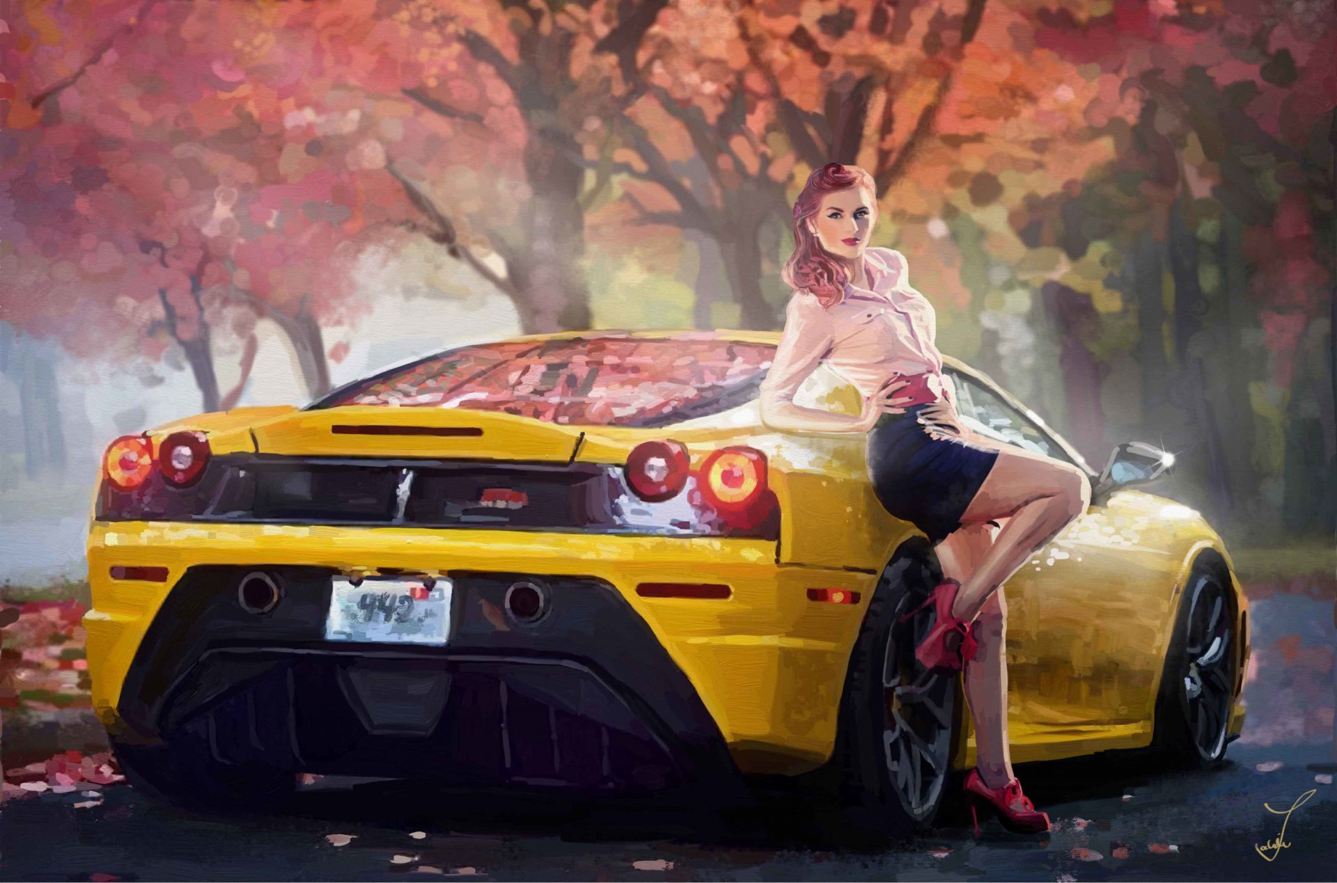 art ferrari voiture fille jaune pose route automne arbres