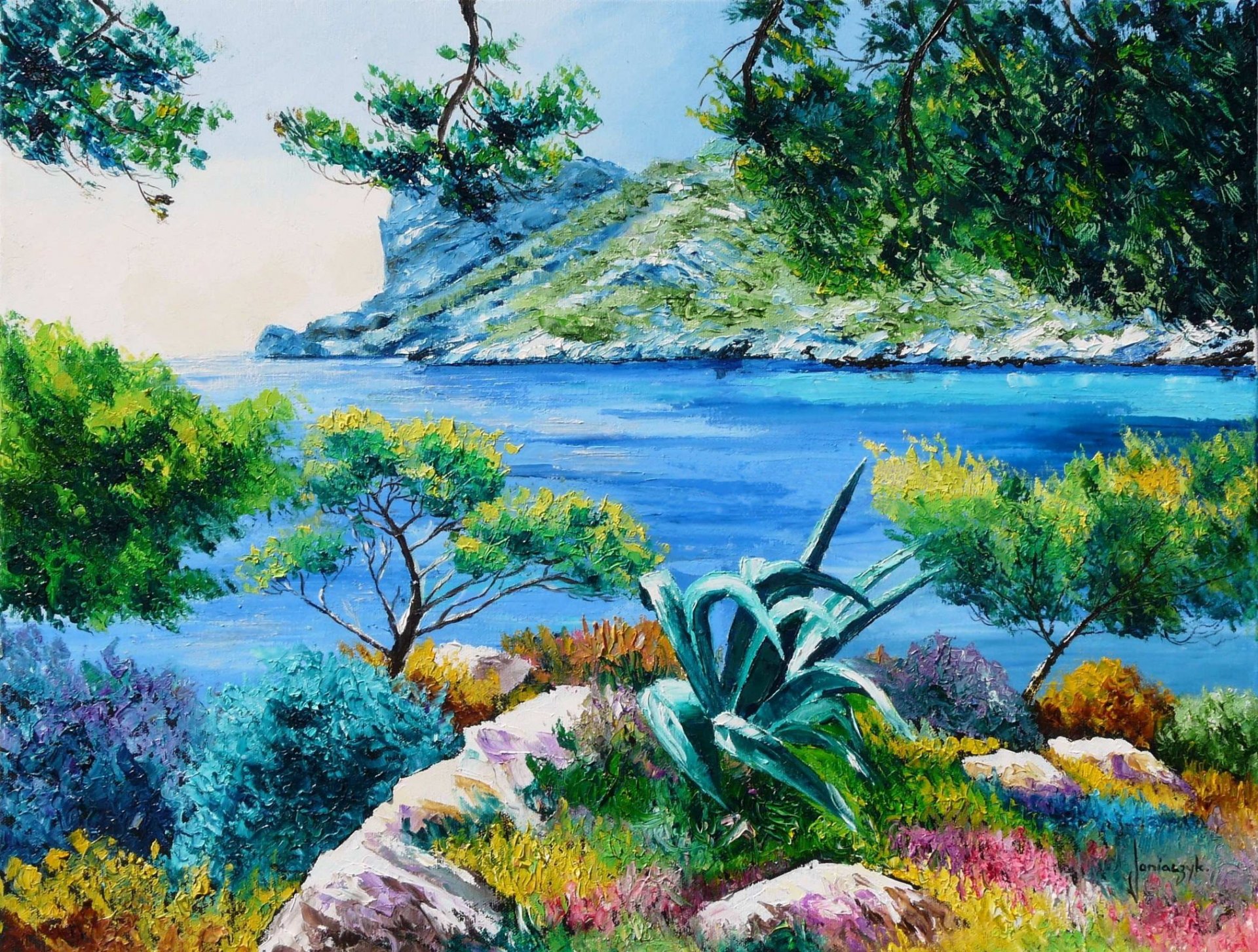 peinture paysage art jean-marc janiaczyk îles mer lagune côte arbres branches pierres