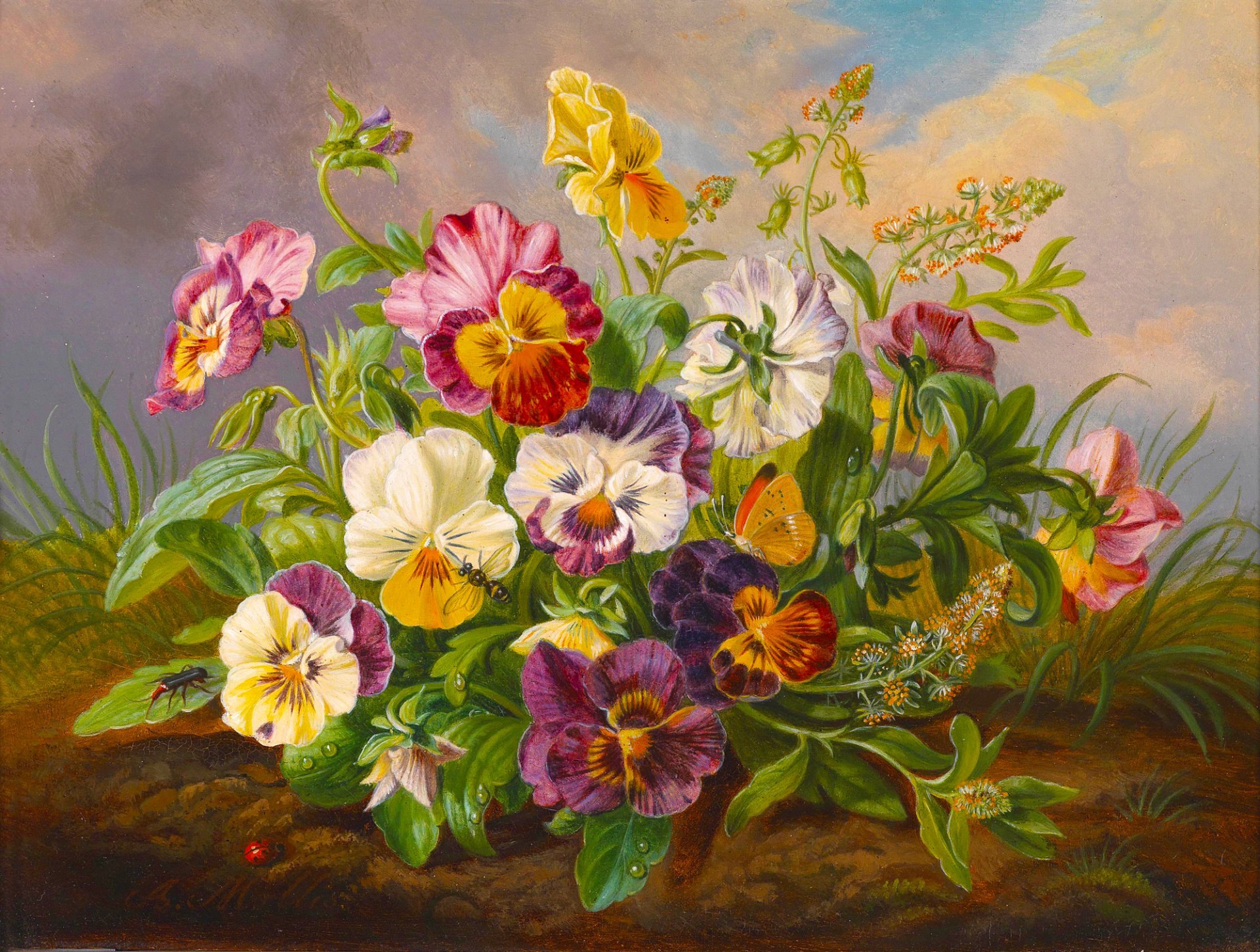 immagine pittura fiori farfalla ape coccinella