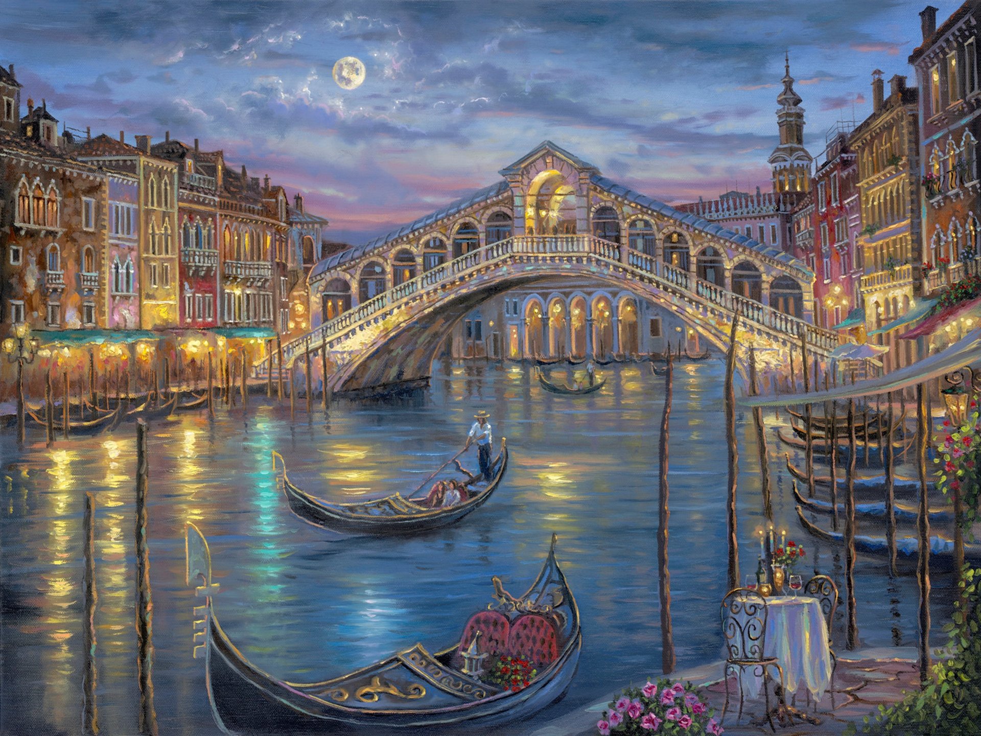 robert finale l ultima notte sul canal grande pittura notte luna venezia italia canale ponte canal grande gandola tavolo fiori candele romanticismo