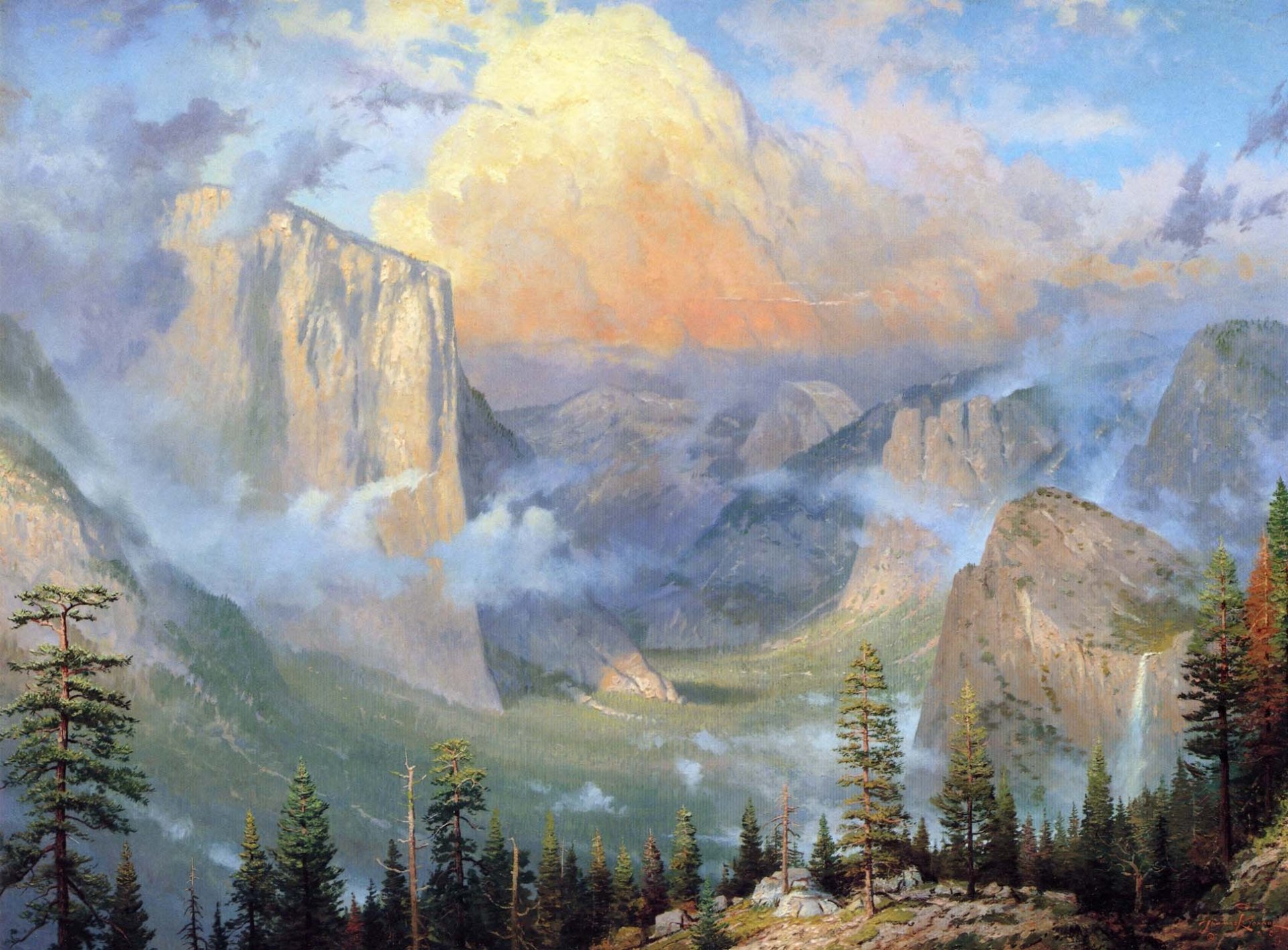 thomas kincaid yosemite artyści punkt malarstwo natura góry las sosna świerk chmury skała