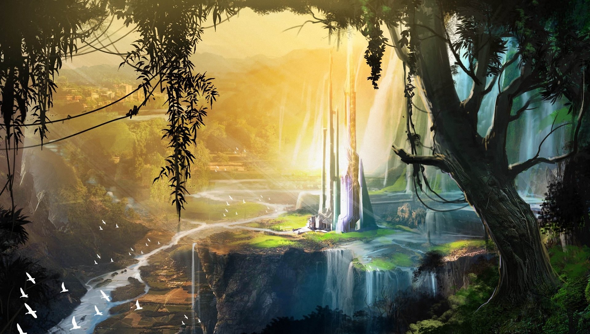 art fantasy world landscape tower broken views valley river tree birds waterfall