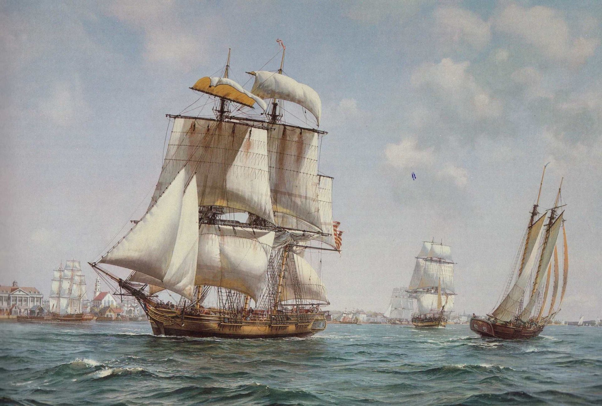 pittura acqua barche a vela barkentina brigantini sloop porto molo edifici cielo nuvole olio su tela