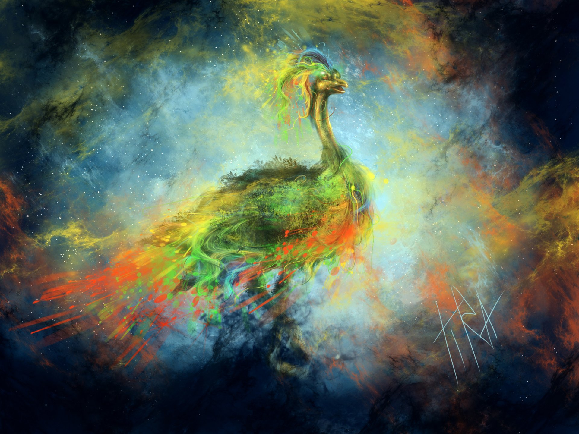 arte pájaro pavo real perfil pintura estrellas nebulosa