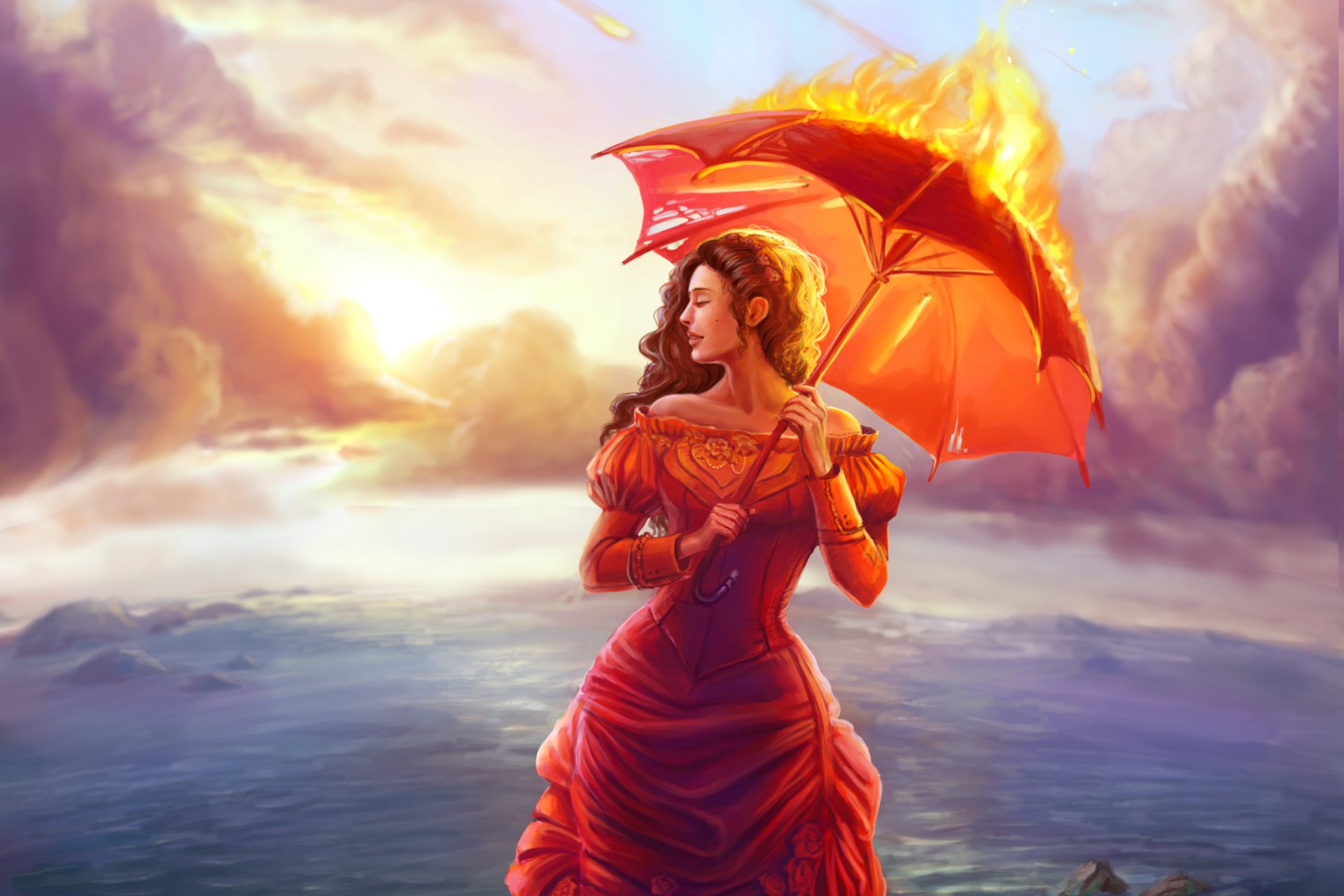 painting art girl section face red dress hair umbrella fire sea cloud