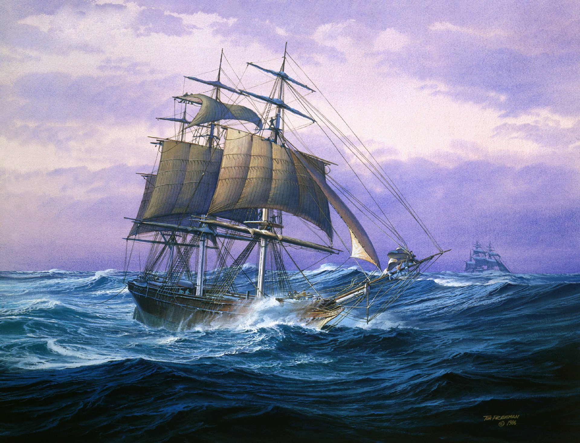 océan tempête grandes vagues trois-mâts navire brig voilier mâts rei beaupré voiles gréement dessin tom freeman