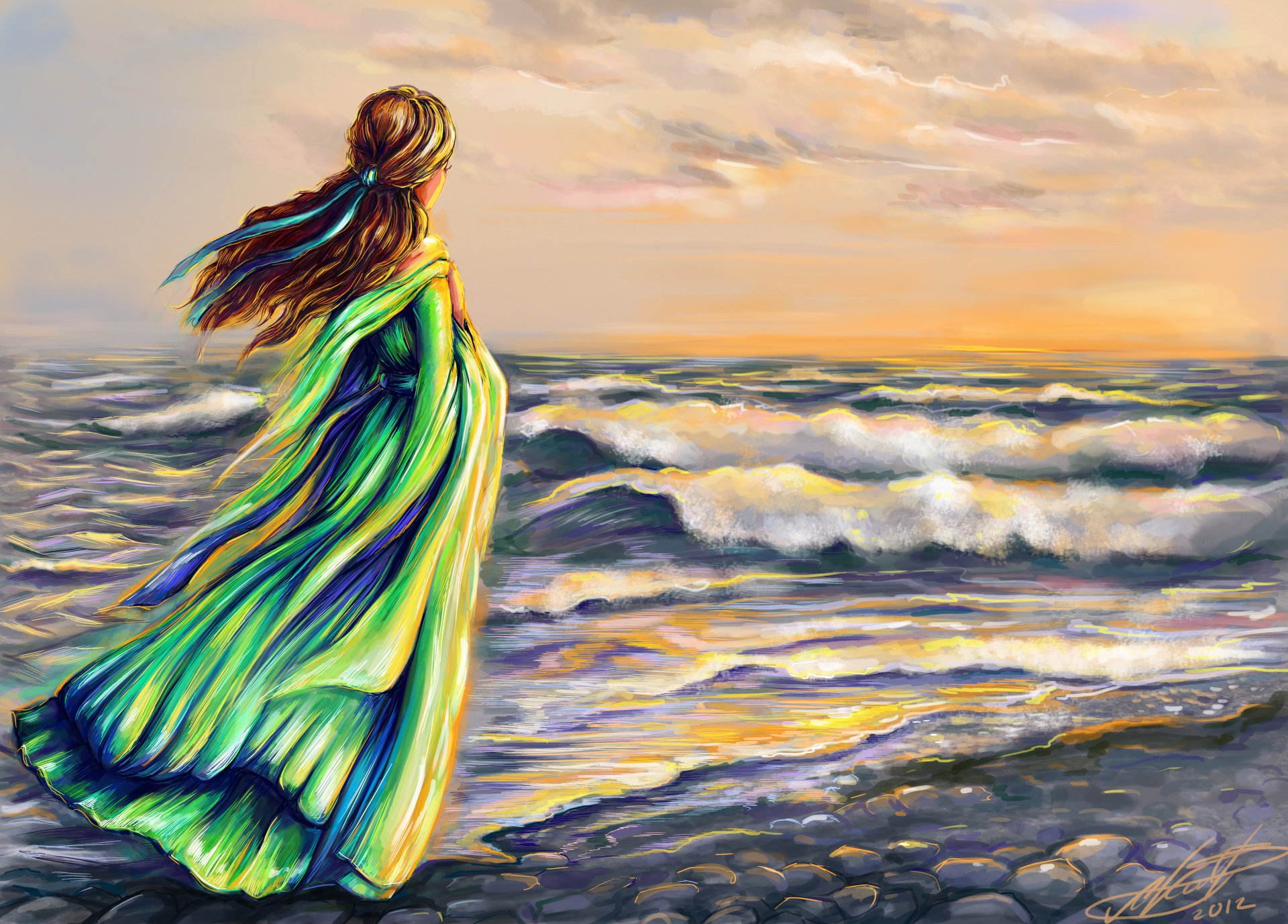 arte ragazza schiena vestito verde capelli nastro vento mare onde cielo nuvole