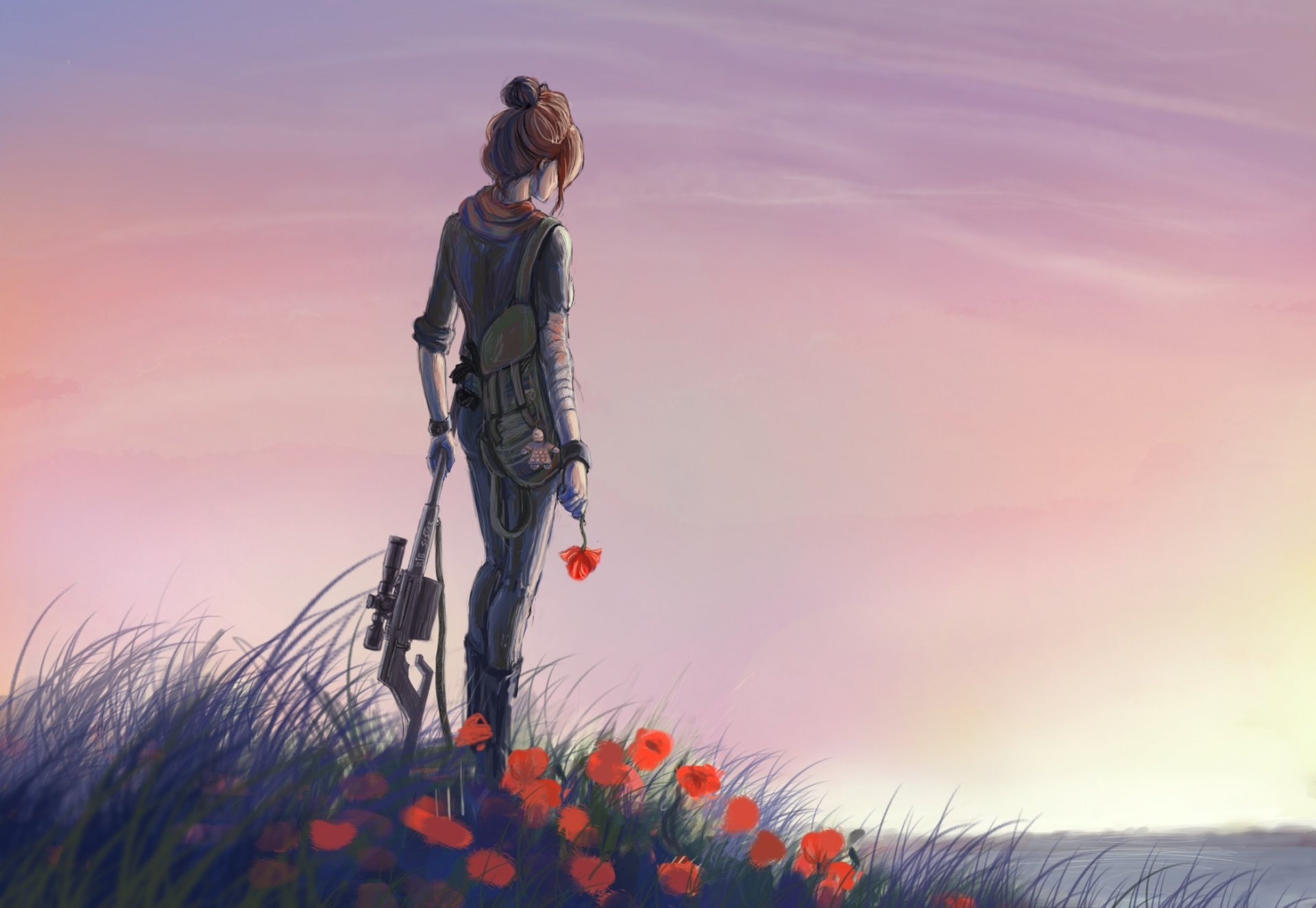 art girl machine weapon flower red field grass poppies water river