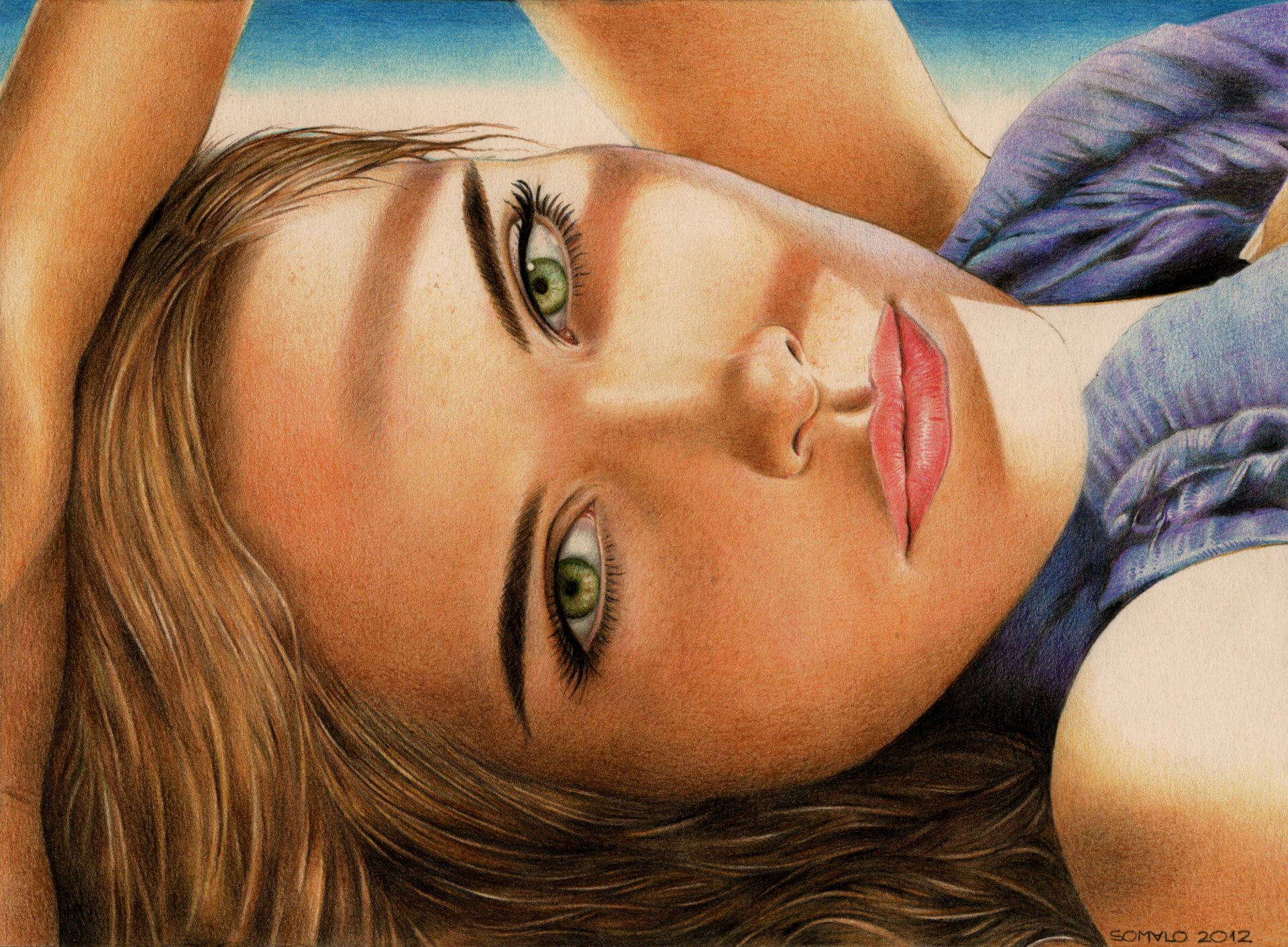 painting isabel lucas girl face view green eyes hand hair