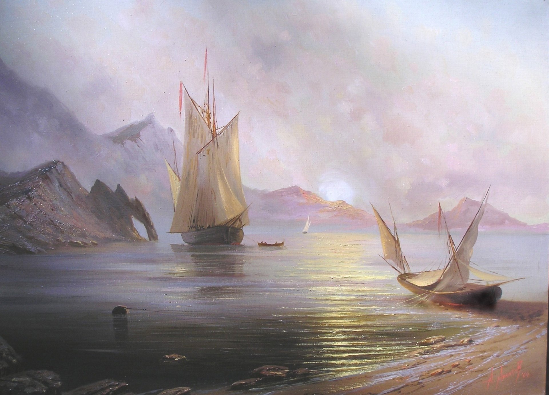 alexander milyukov dawn at sea landscape sun dawn crimea sea ship boat sail mountain beauty